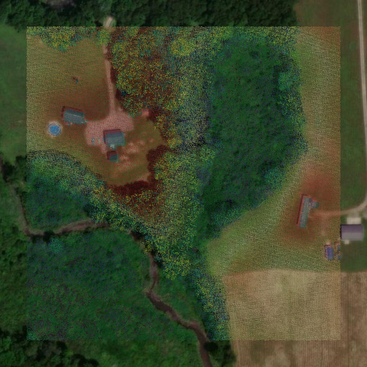 This image shows a LiDAR point cloud in Mercer County created using GIS data in Equator.