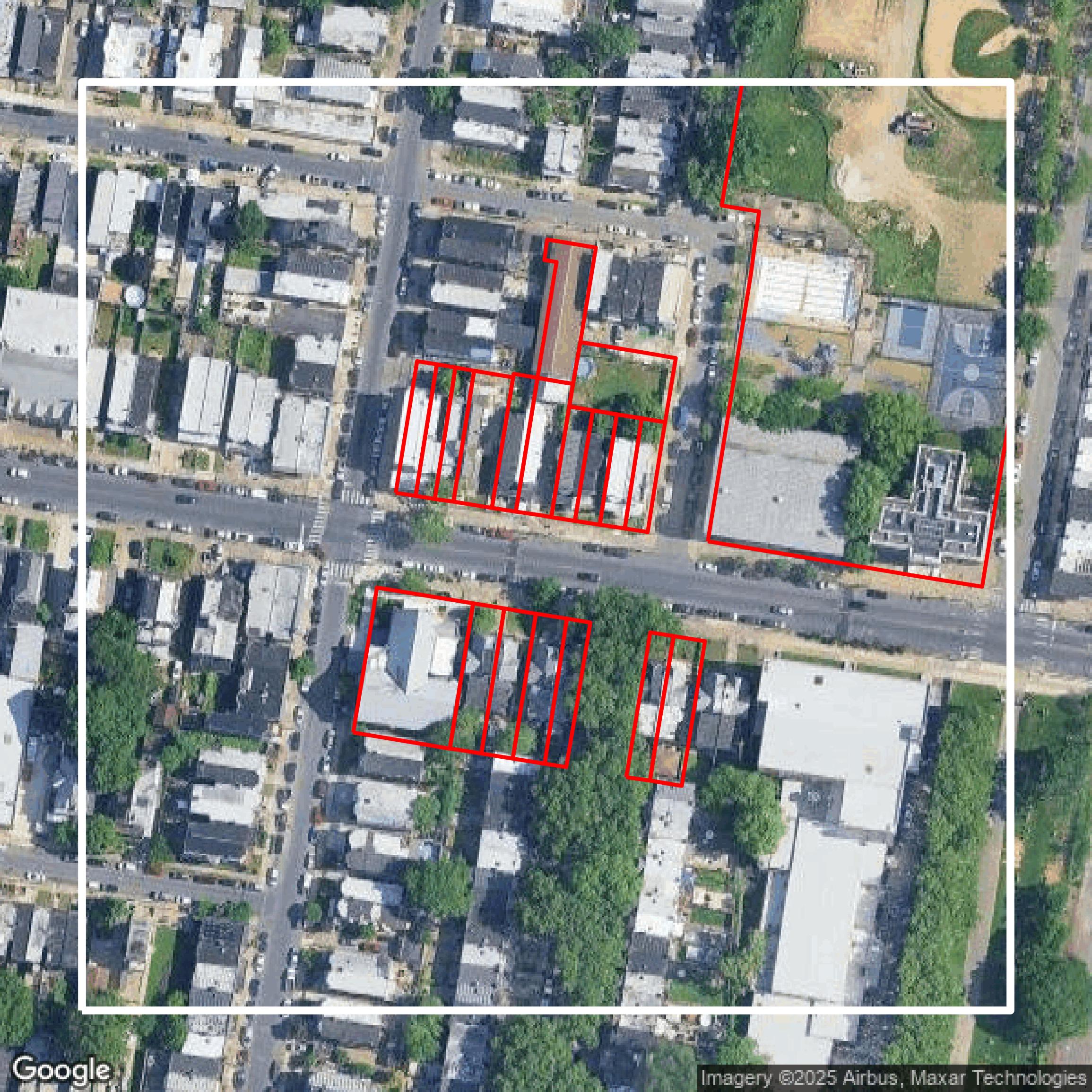 This image shows parcel and building data in Philadelphia County created using GIS data in Equator.