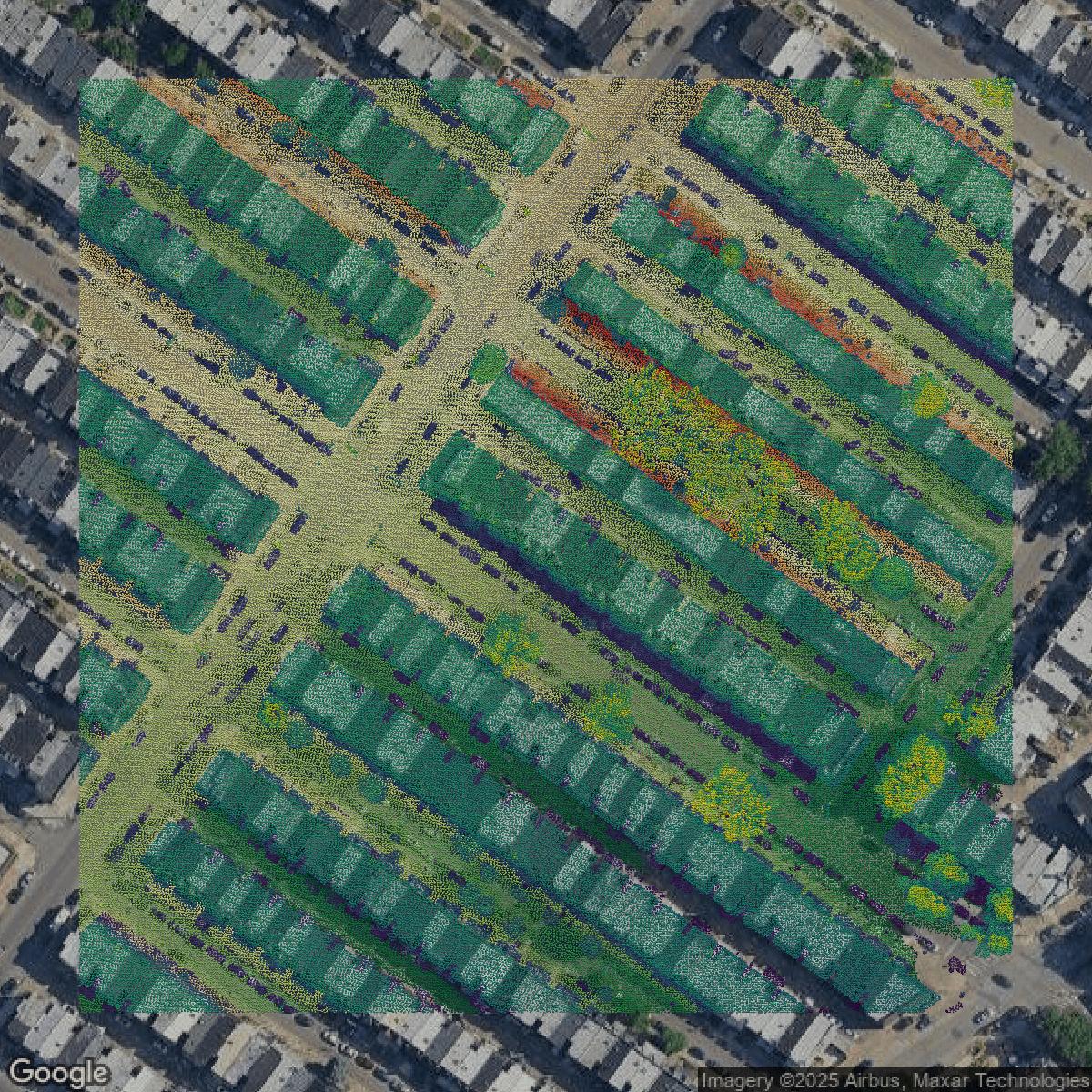 This image shows a LiDAR point cloud in Philadelphia County created using GIS data in Equator.