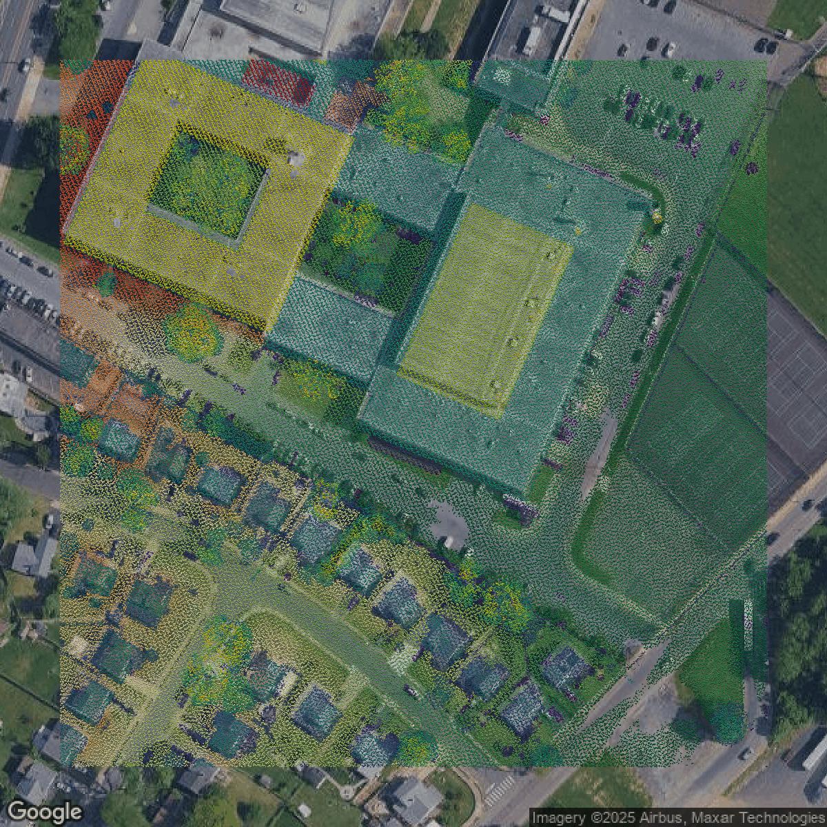 This image shows a LiDAR point cloud in Philadelphia County created using GIS data in Equator.