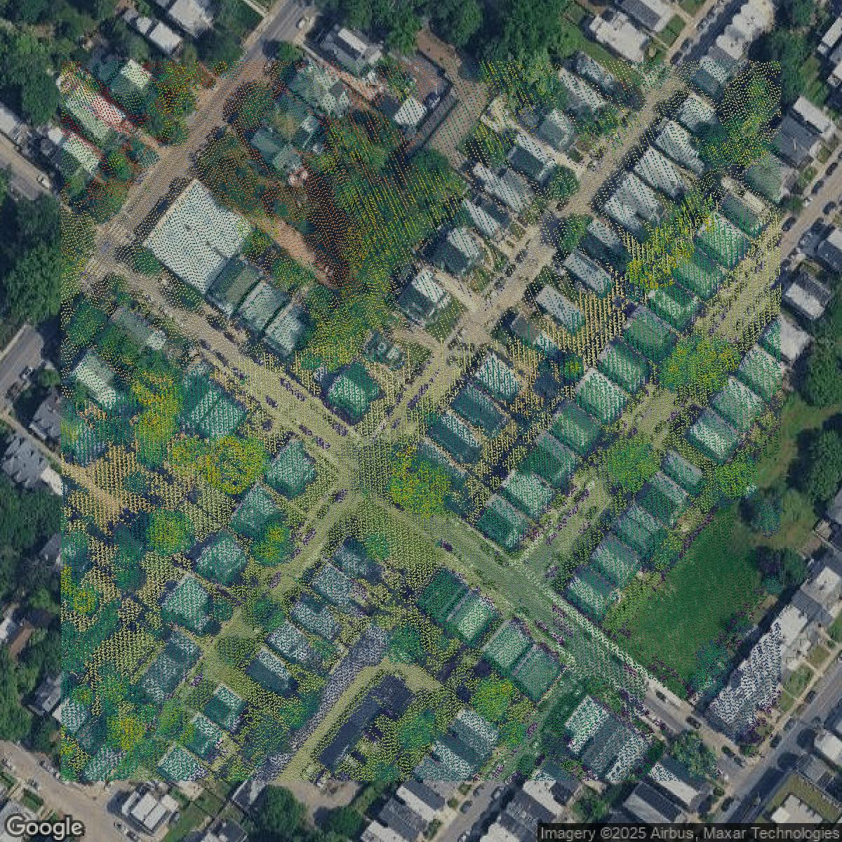 This image shows a LiDAR point cloud in Philadelphia County created using GIS data in Equator.
