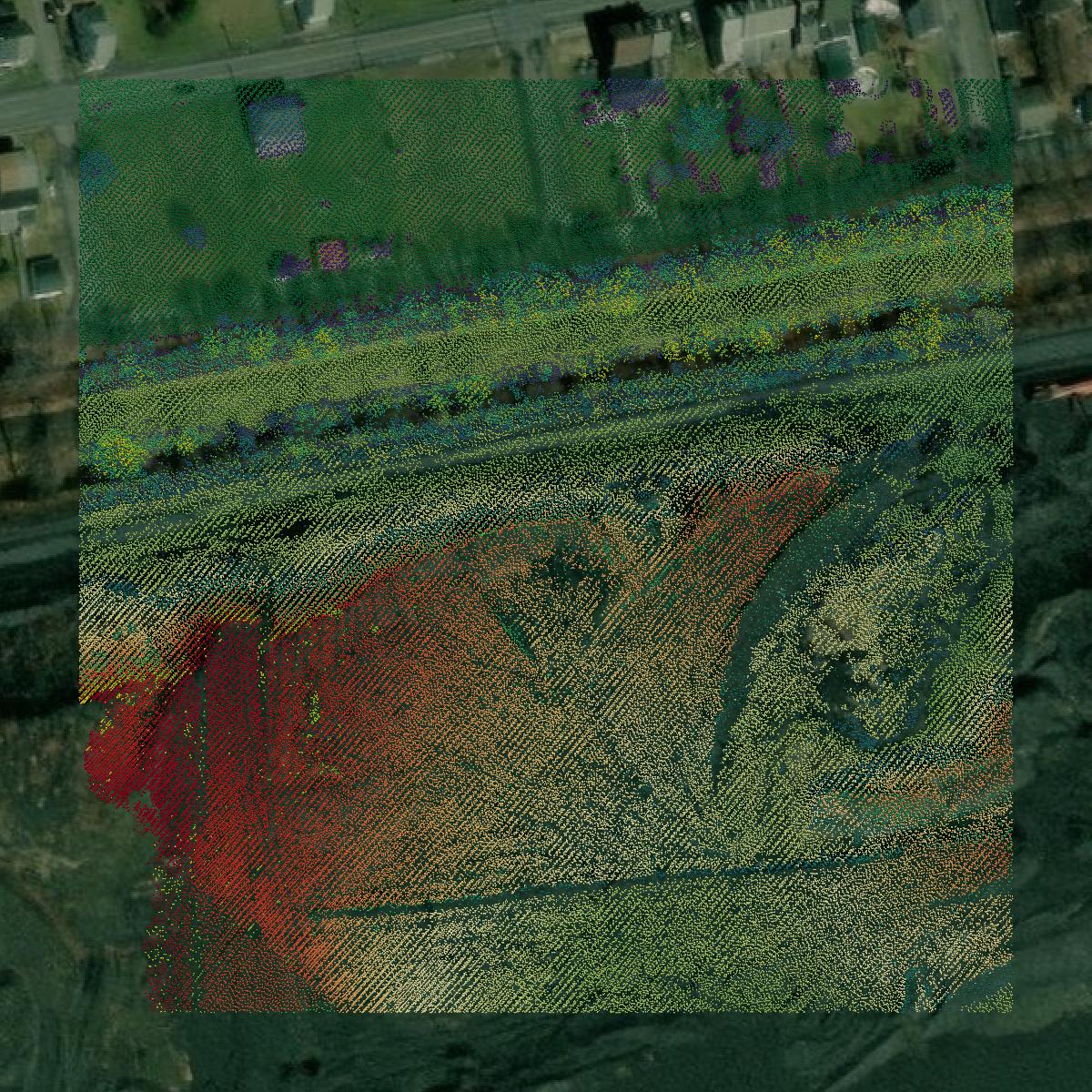This image shows a LiDAR point cloud in Schuylkill County created using GIS data in Equator.