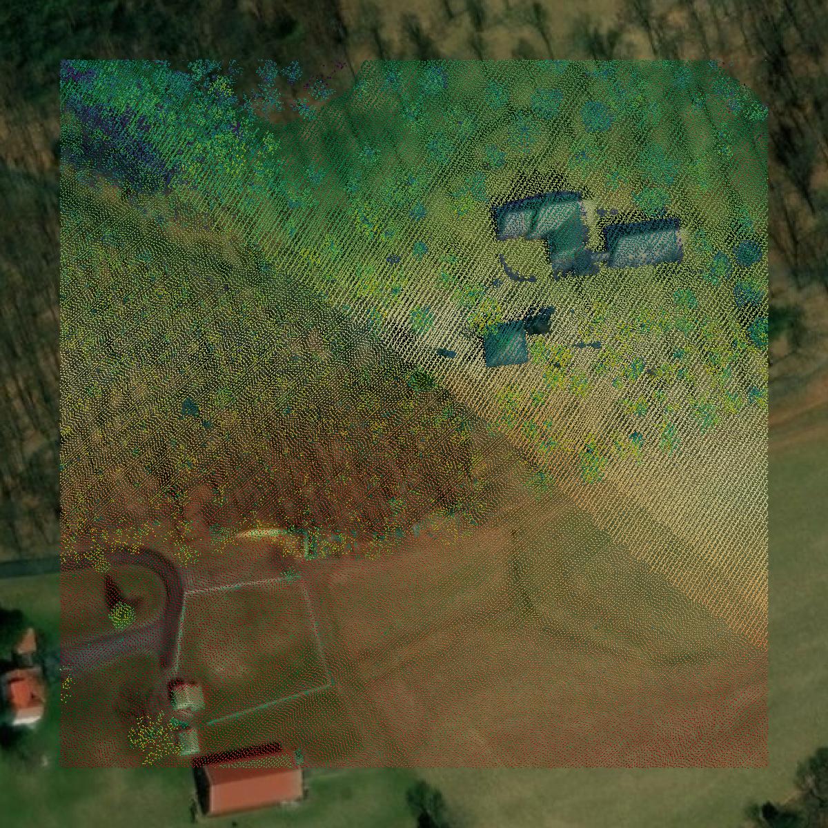 This image shows a LiDAR point cloud in Schuylkill County created using GIS data in Equator.