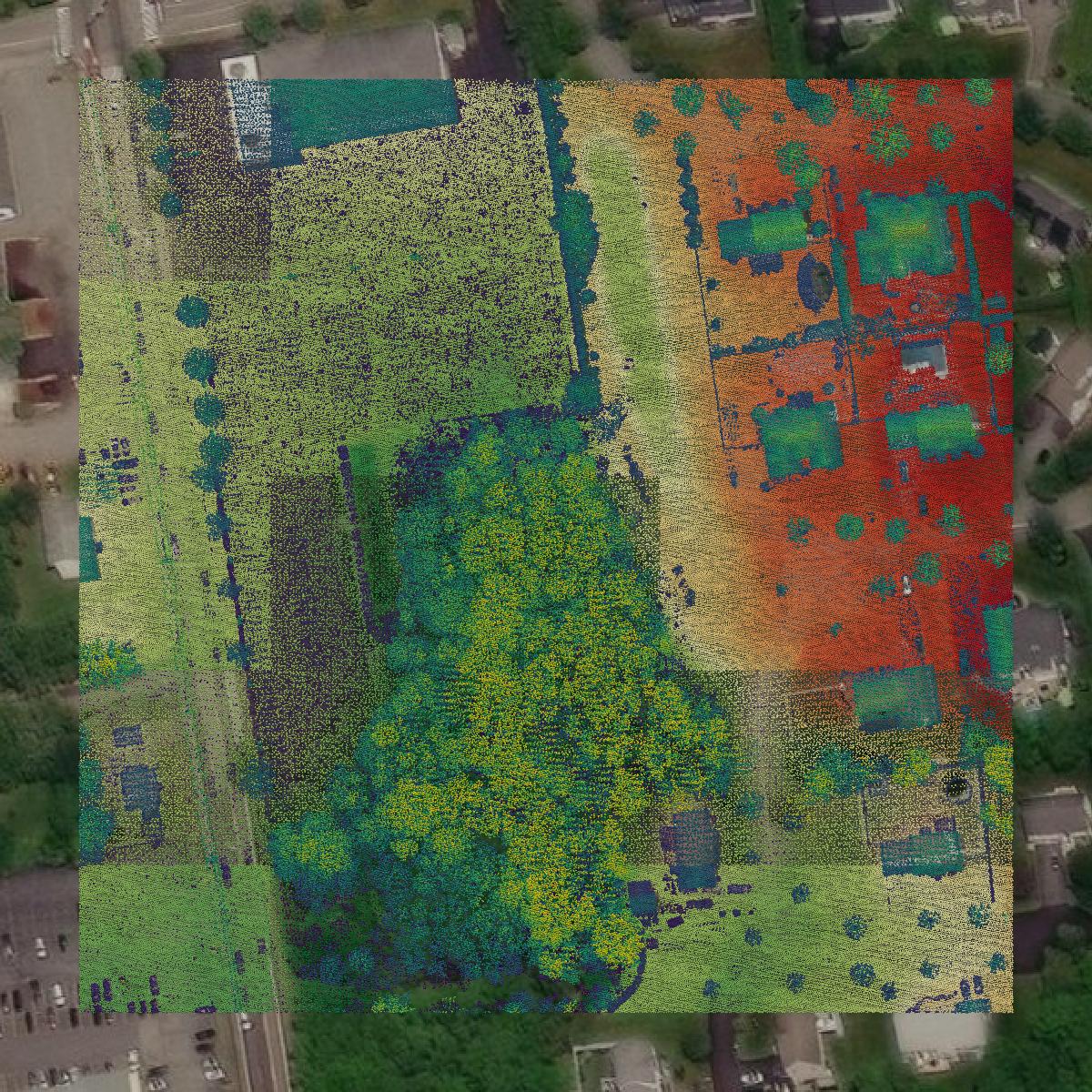 This image shows a LiDAR point cloud in Bristol County created using GIS data in Equator.
