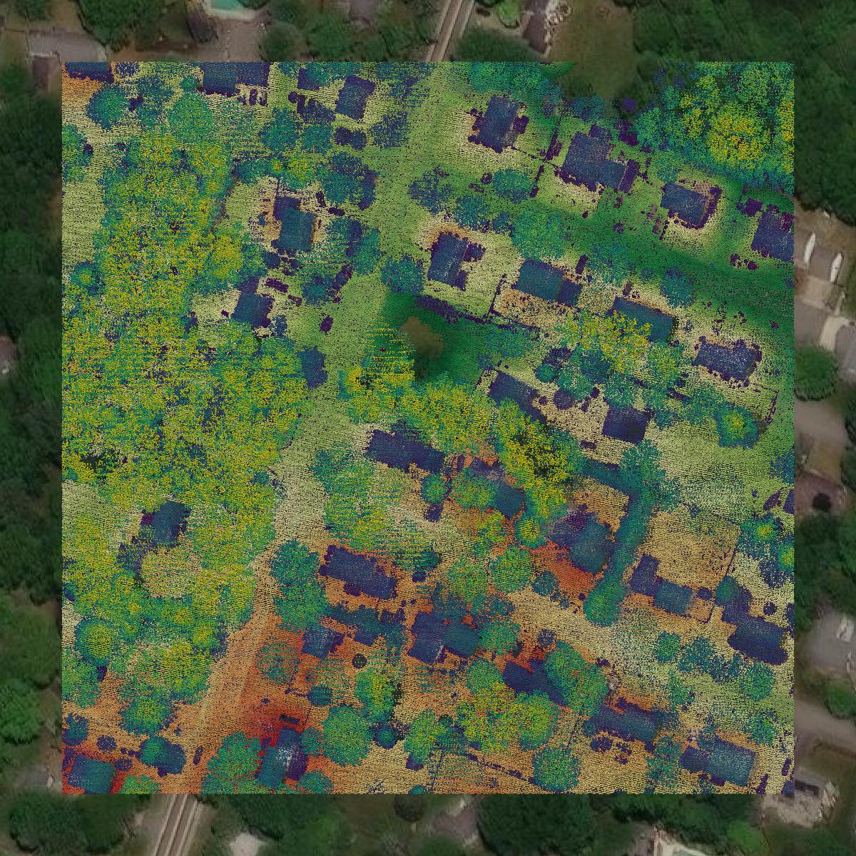 This image shows a LiDAR point cloud in Bristol County created using GIS data in Equator.