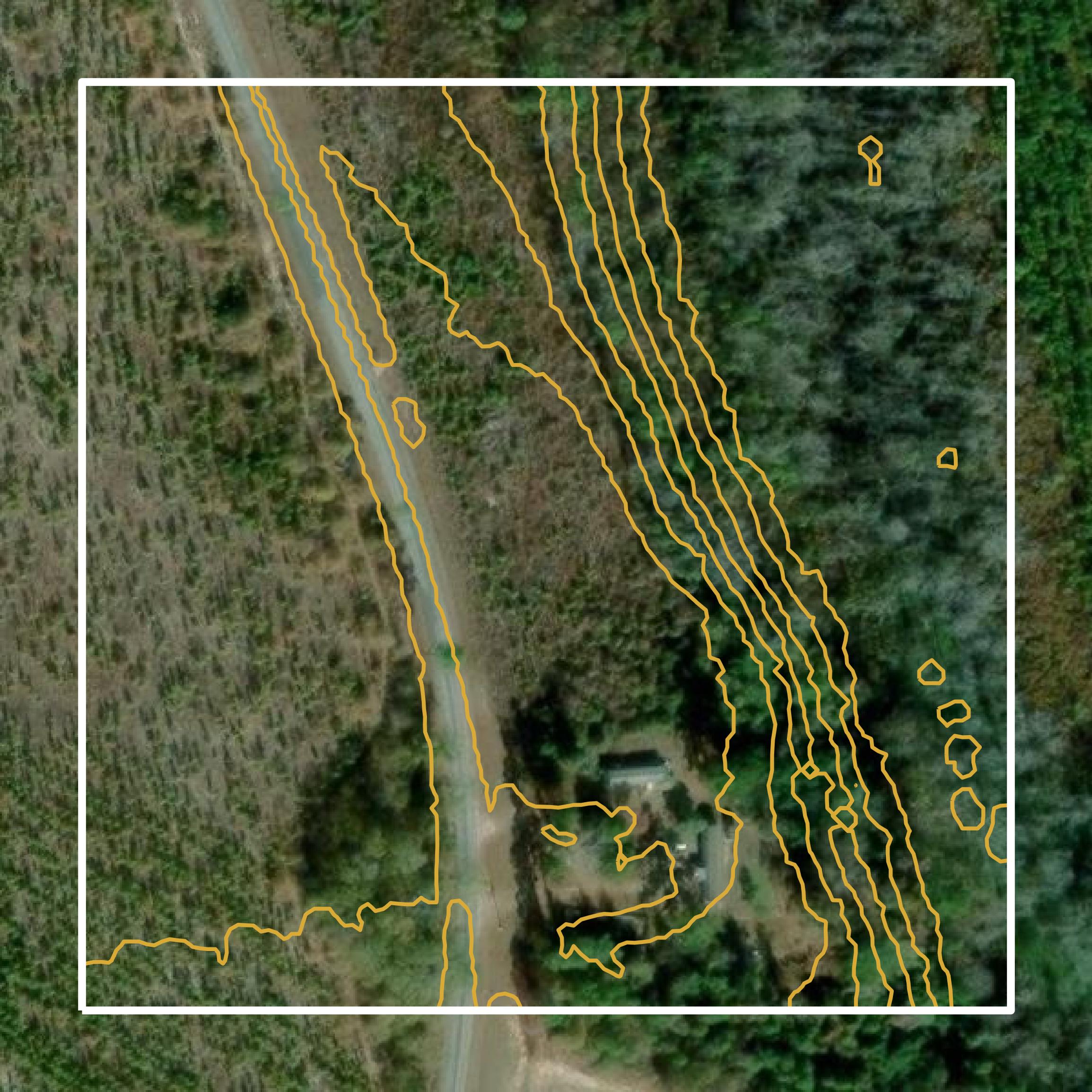 This image shows a contour map in Dillon County created using GIS data in Equator.
