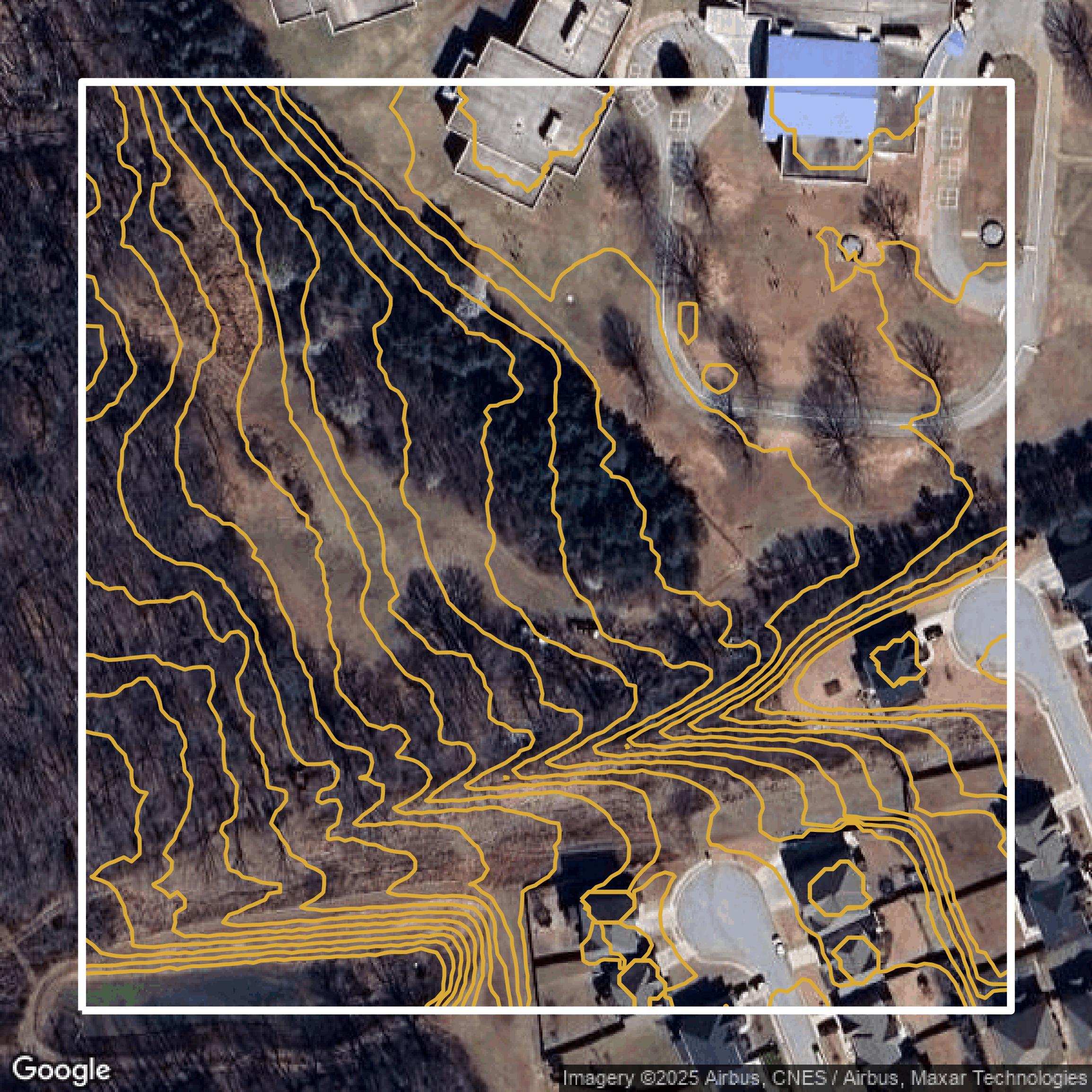 This image shows a contour map in Greenville County created using GIS data in Equator.