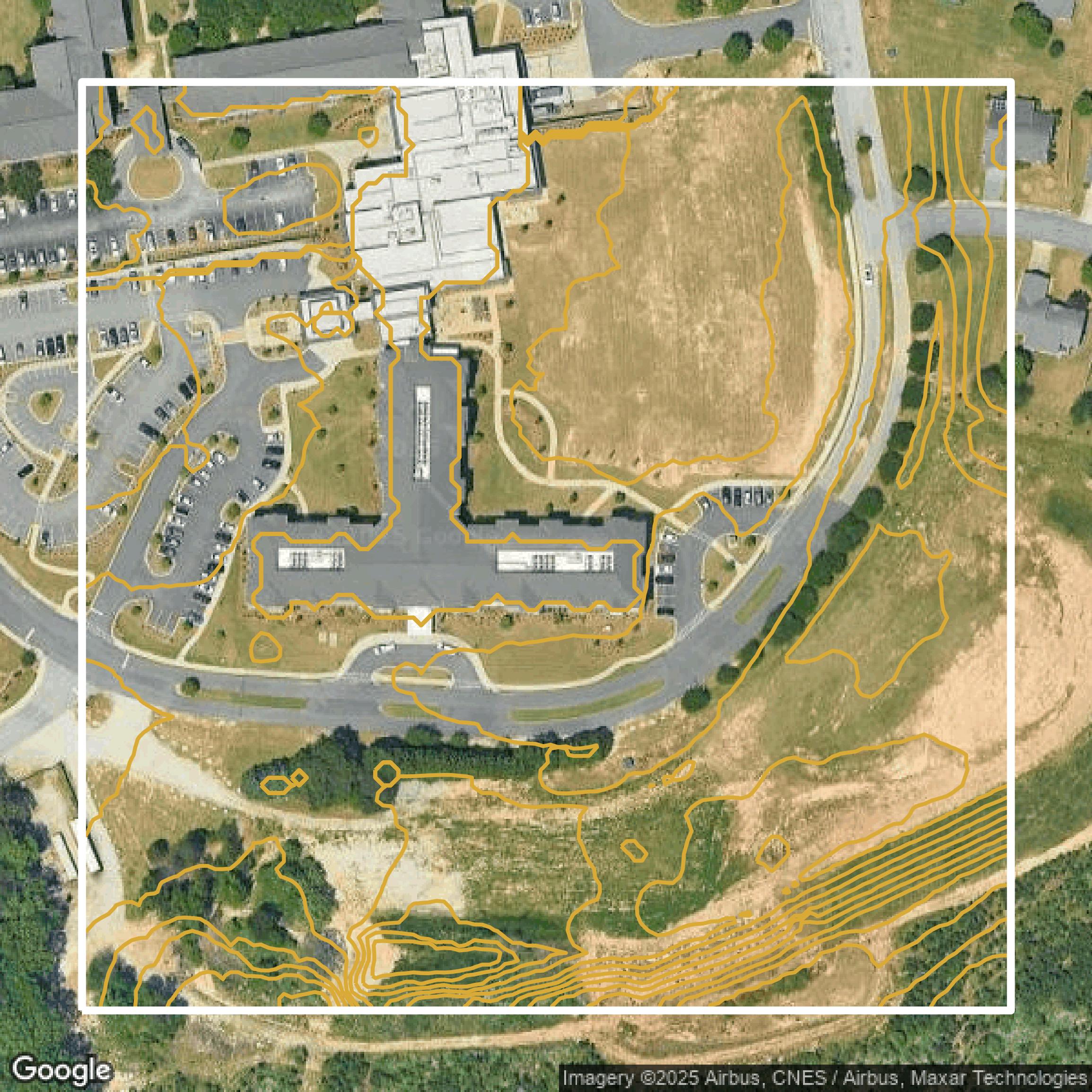 This image shows a contour map in Greenville County created using GIS data in Equator.