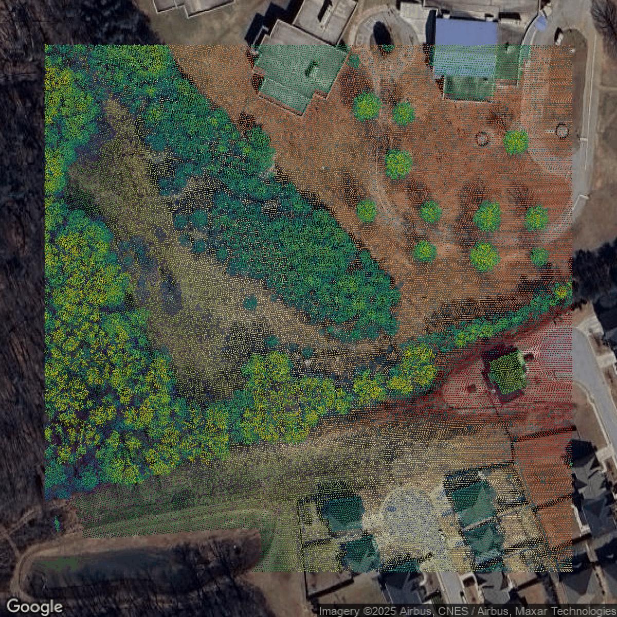 This image shows a LiDAR point cloud in Greenville County created using GIS data in Equator.