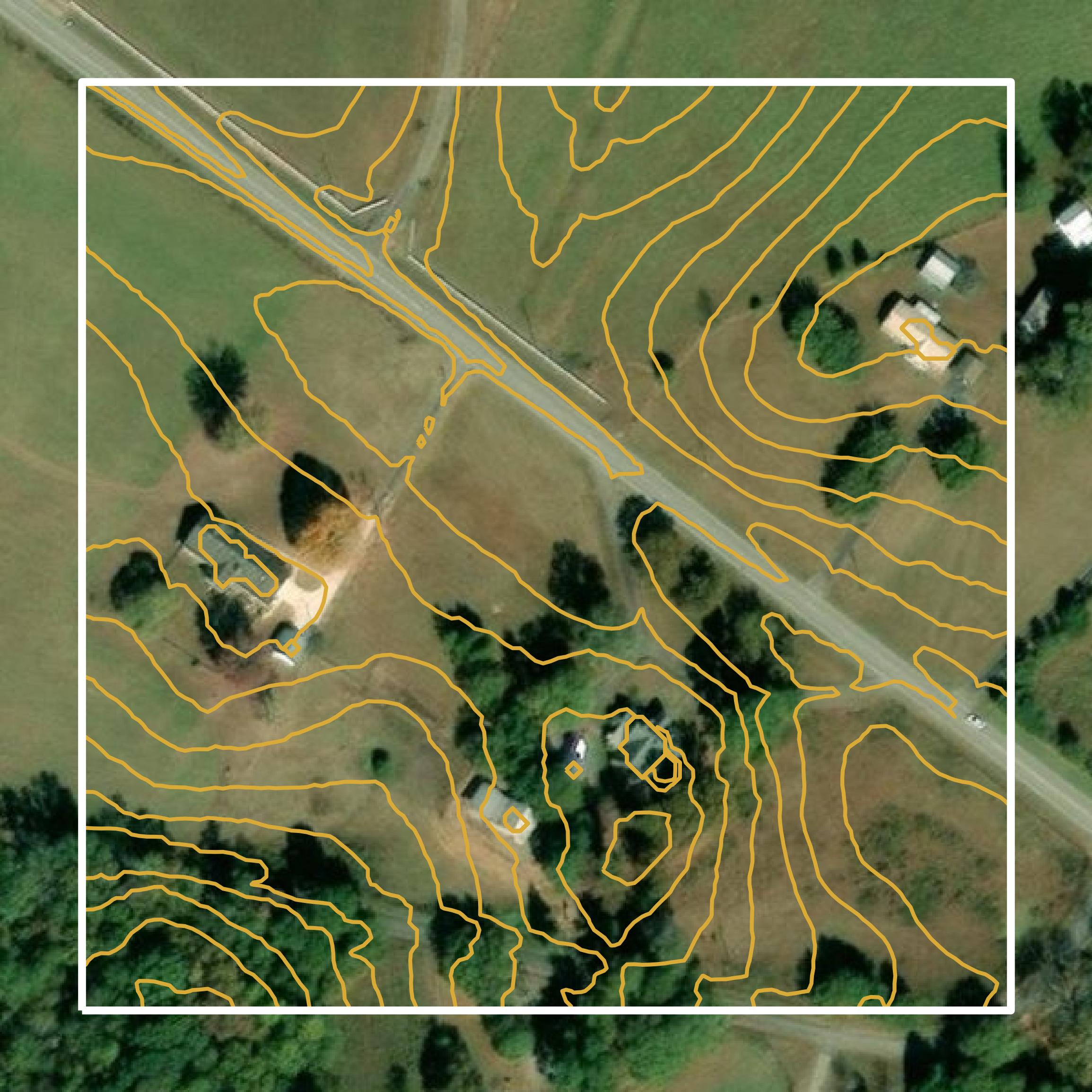 This image shows a contour map in Pickens County created using GIS data in Equator.