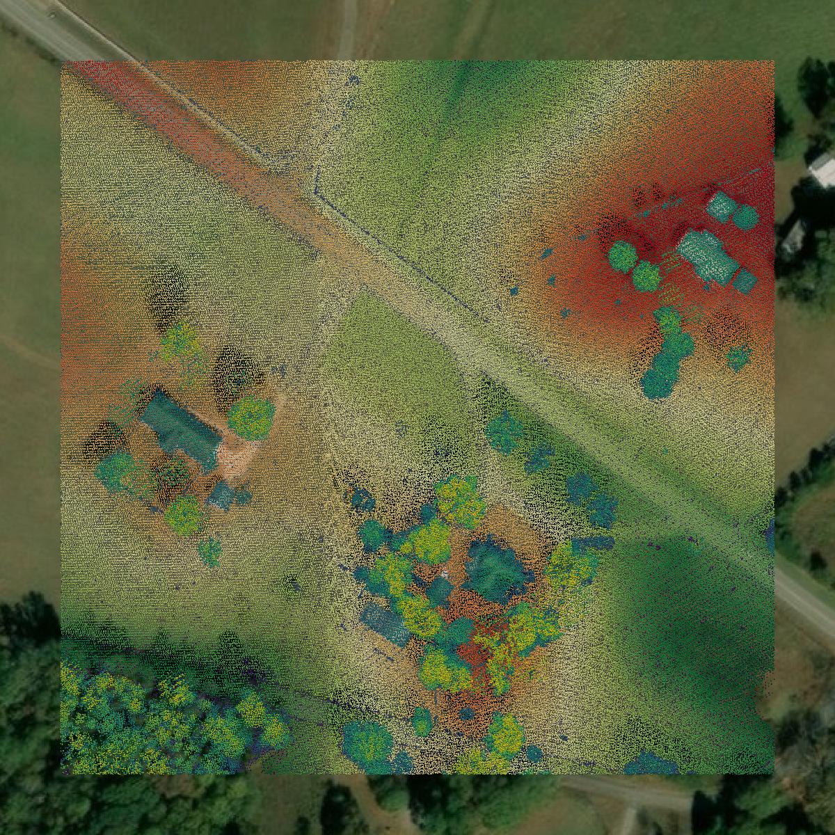 This image shows a LiDAR point cloud in Pickens County created using GIS data in Equator.