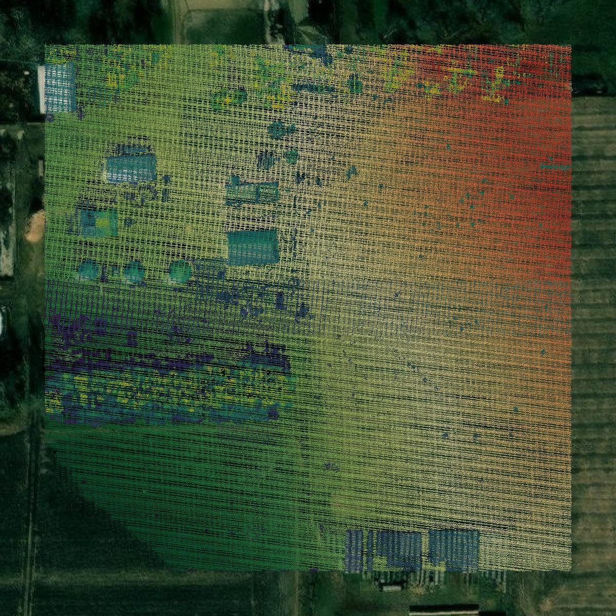 This image shows a LiDAR point cloud in Brookings County created using GIS data in Equator.
