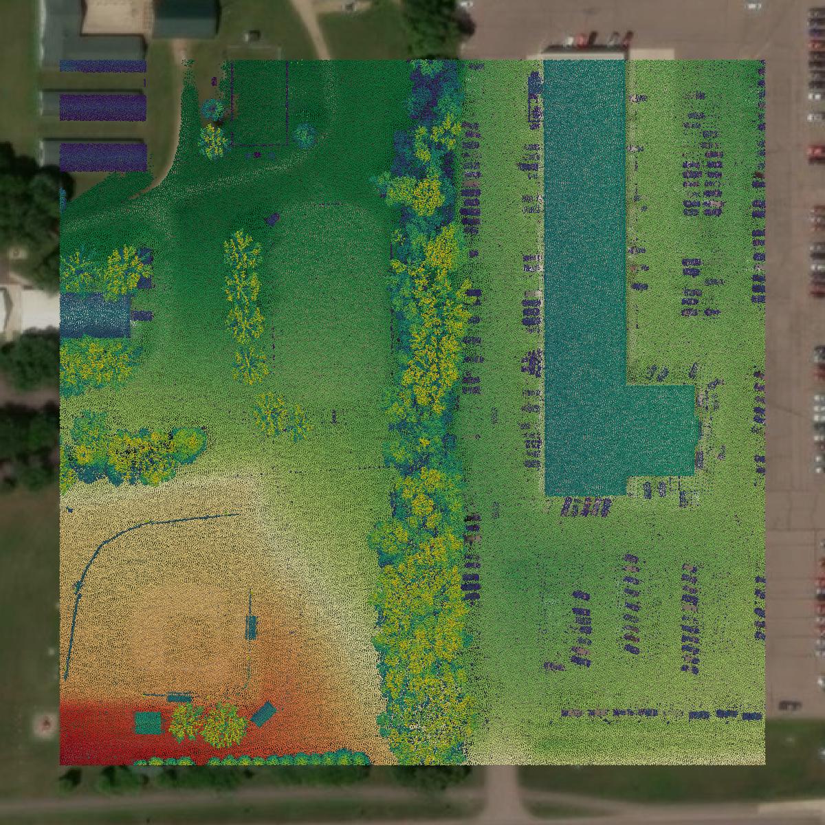 This image shows a LiDAR point cloud in Lake County created using GIS data in Equator.