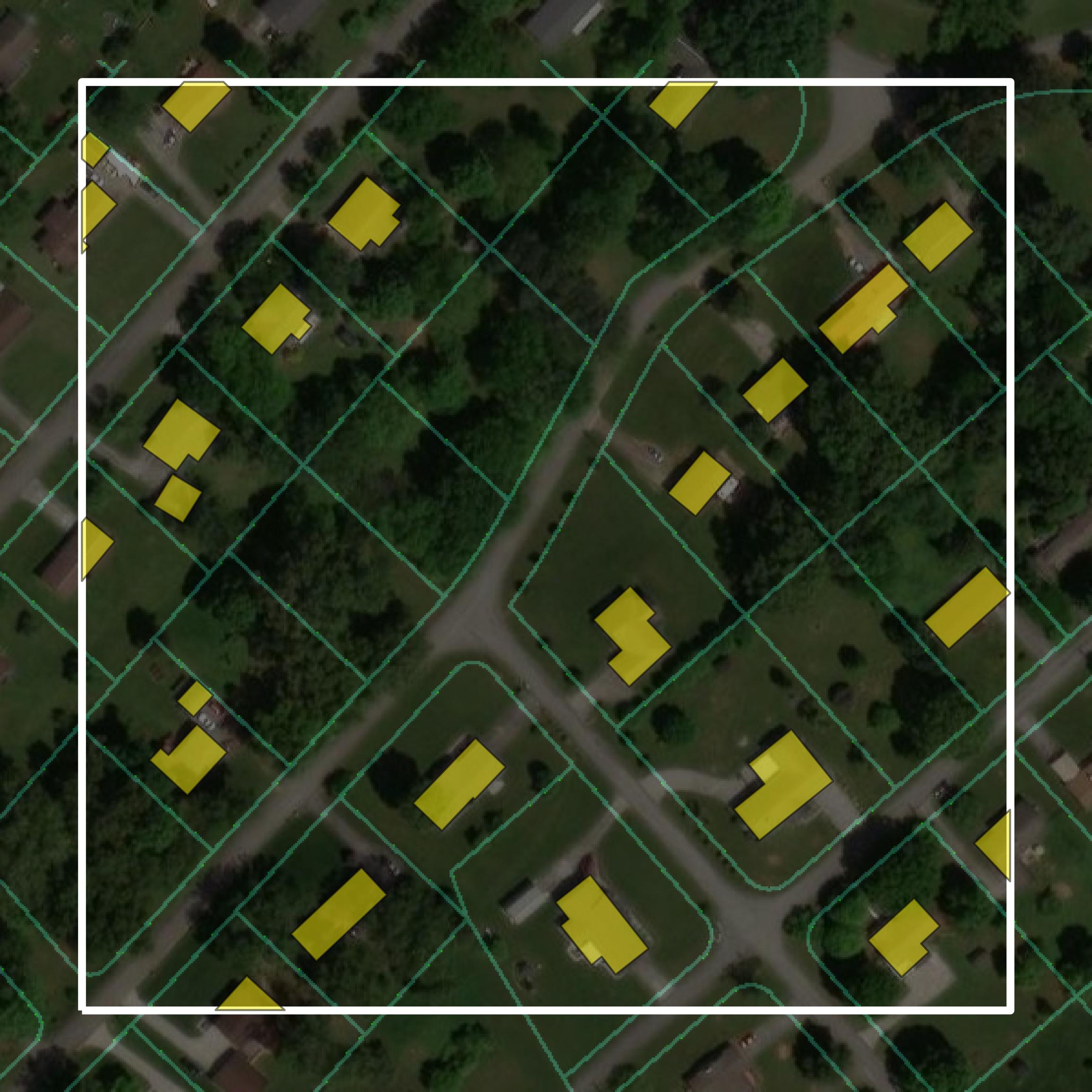 This image shows parcel and building data in Blount County created using GIS data in Equator.