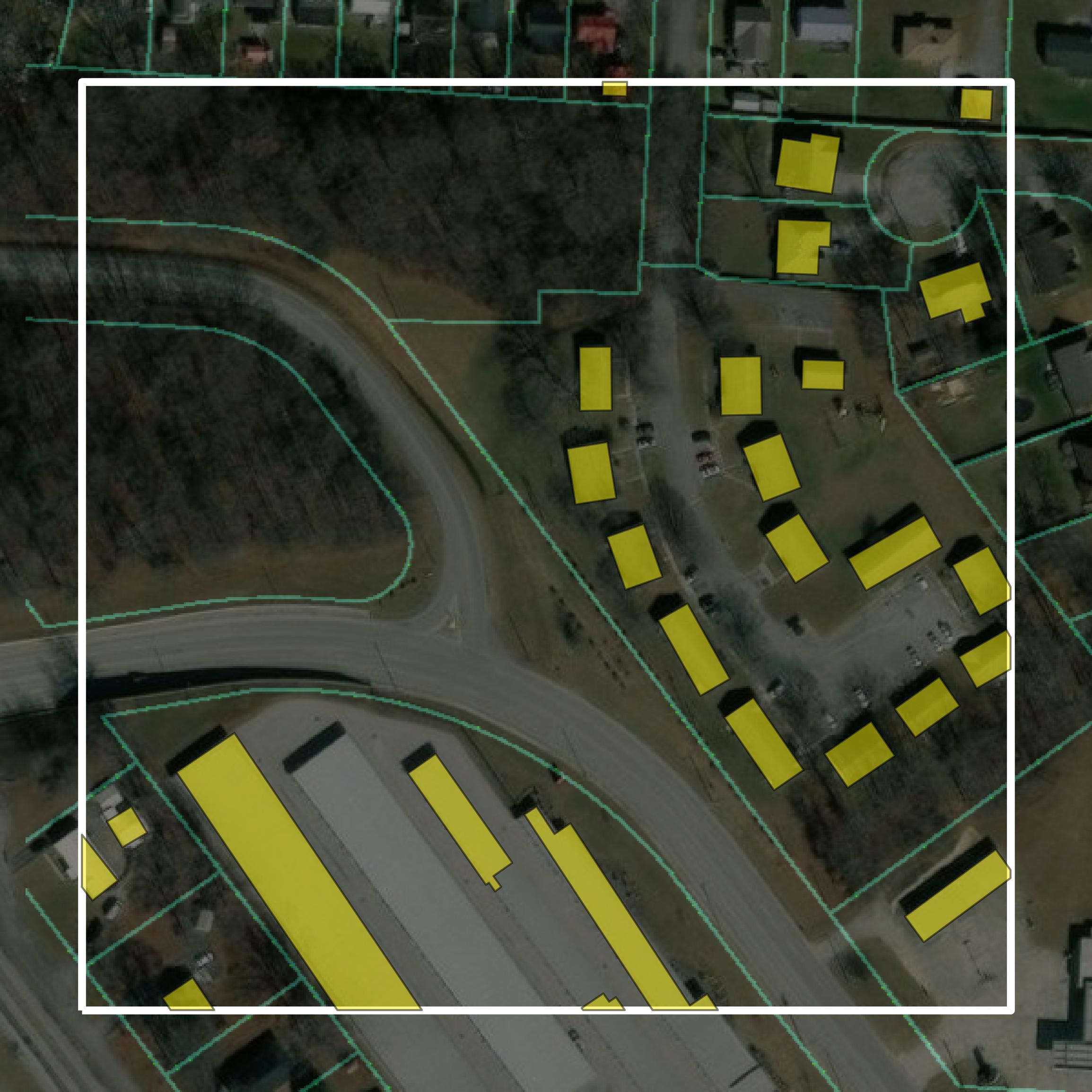 This image shows parcel and building data in Coffee County created using GIS data in Equator.