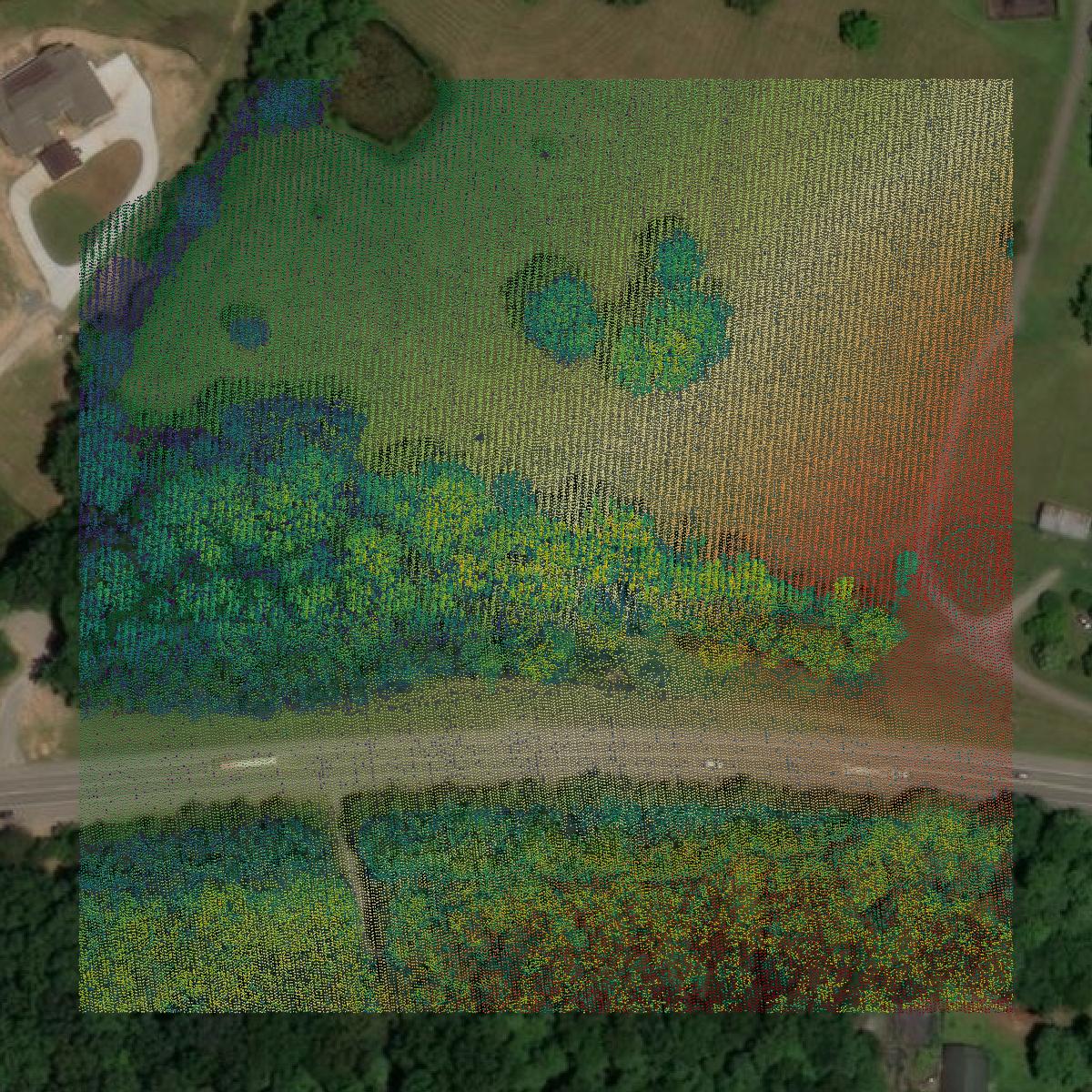 This image shows a LiDAR point cloud in Dickson County created using GIS data in Equator.