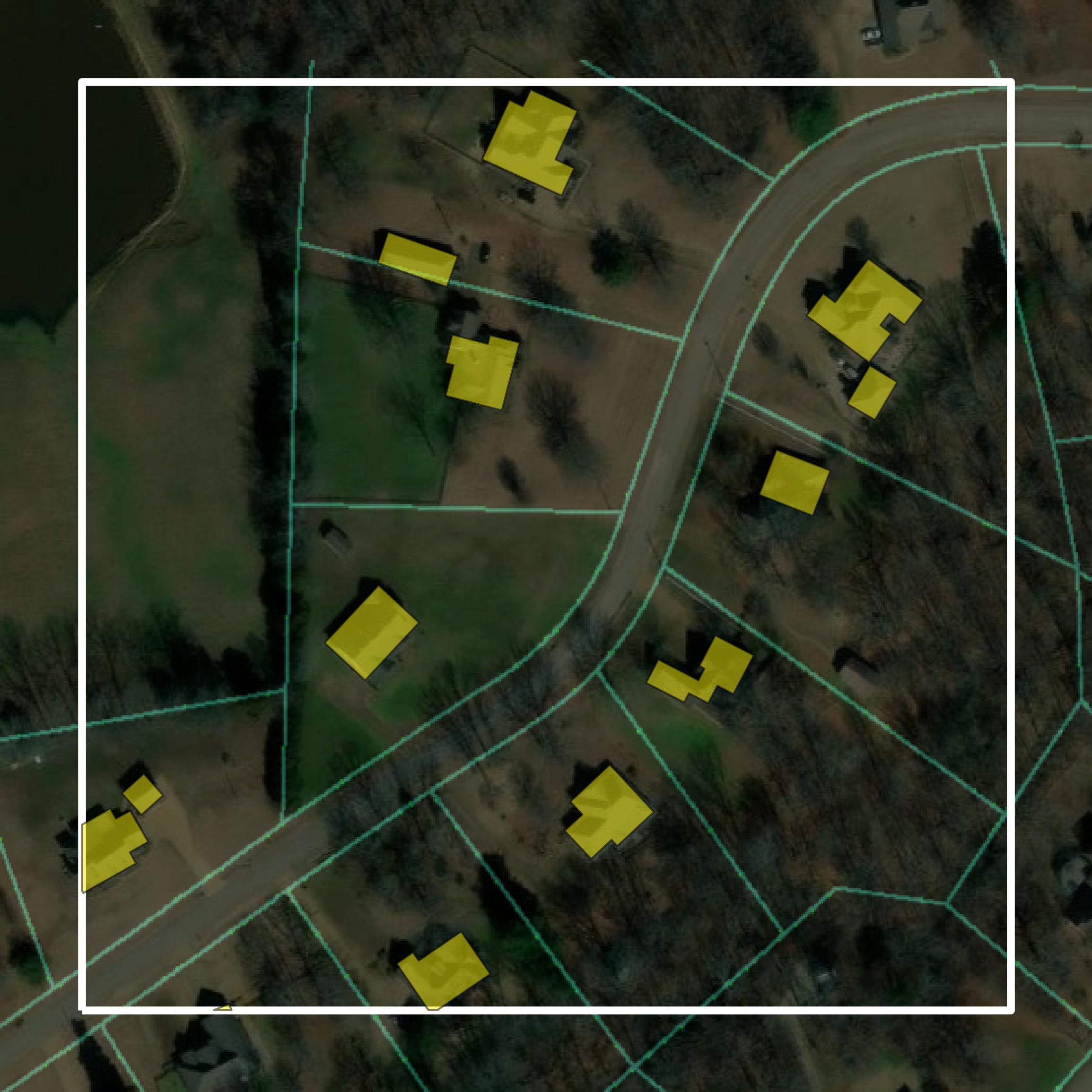 This image shows parcel and building data in Fayette County created using GIS data in Equator.