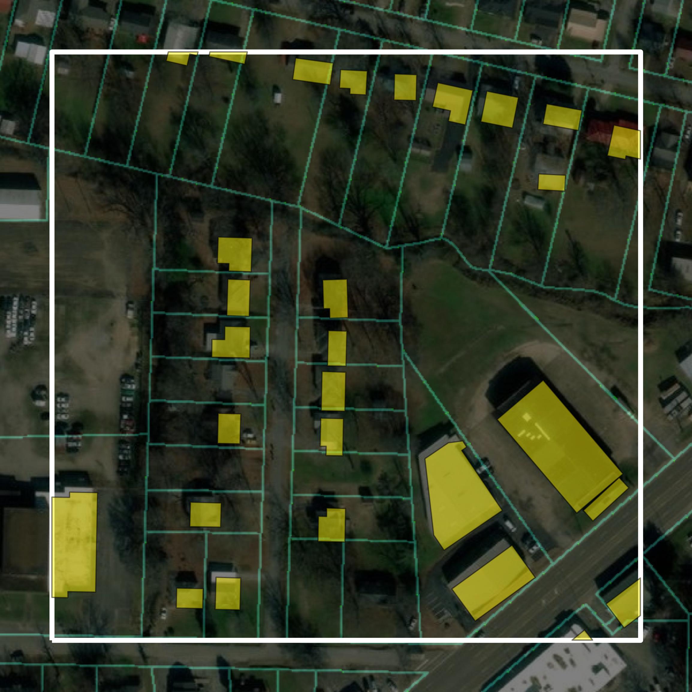This image shows parcel and building data in Gibson County created using GIS data in Equator.