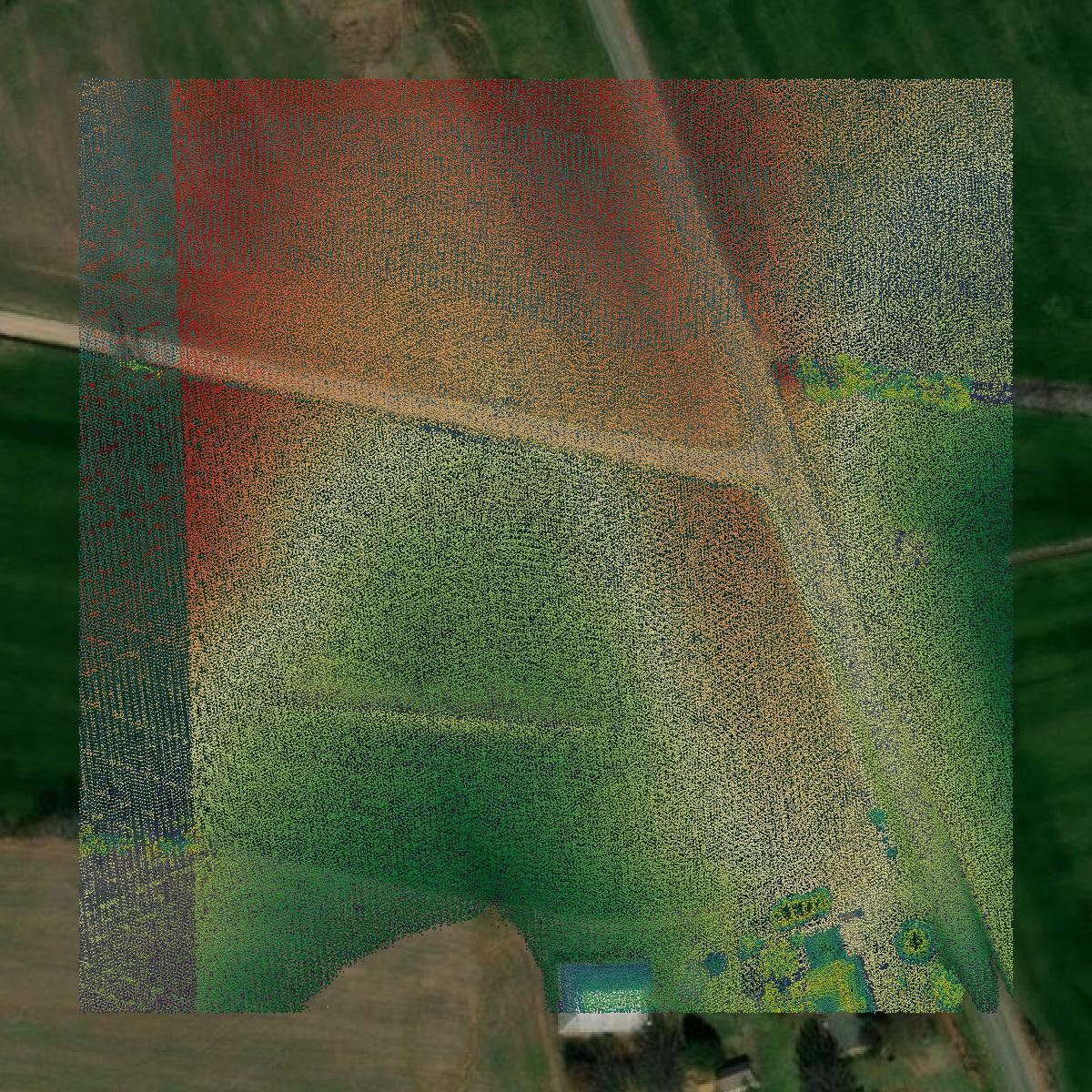 This image shows a LiDAR point cloud in Gibson County created using GIS data in Equator.