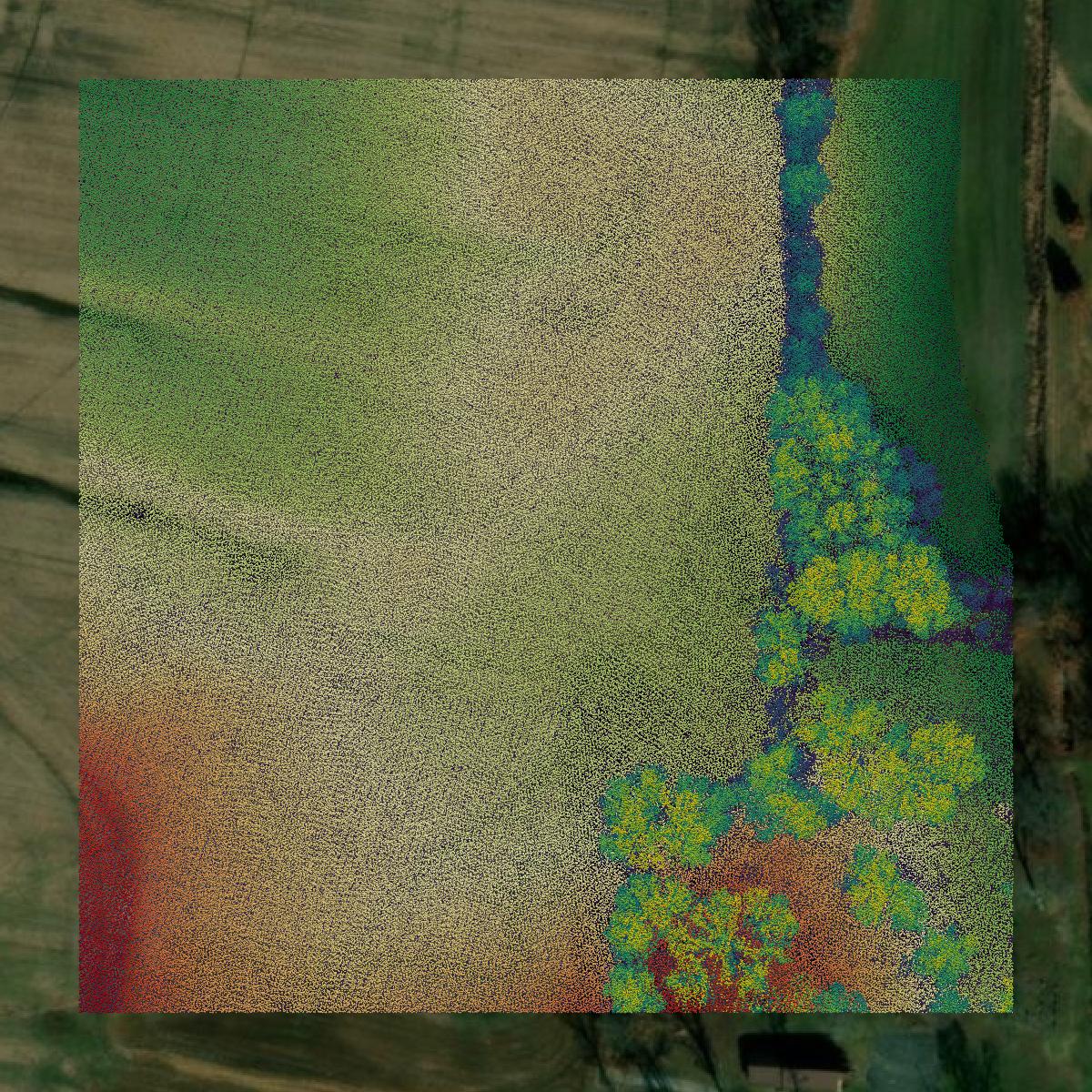 This image shows a LiDAR point cloud in Gibson County created using GIS data in Equator.