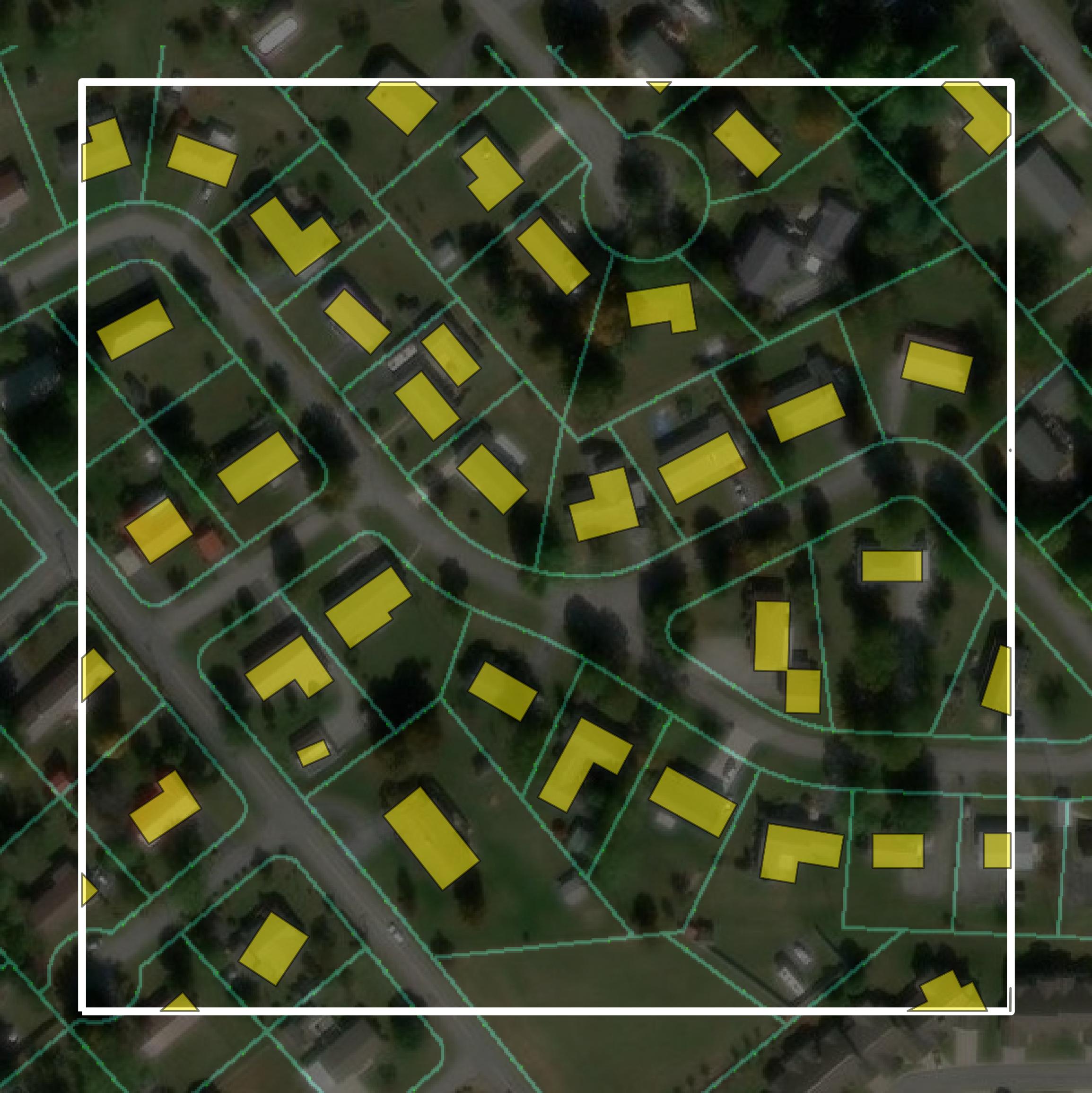 This image shows parcel and building data in Greene County created using GIS data in Equator.