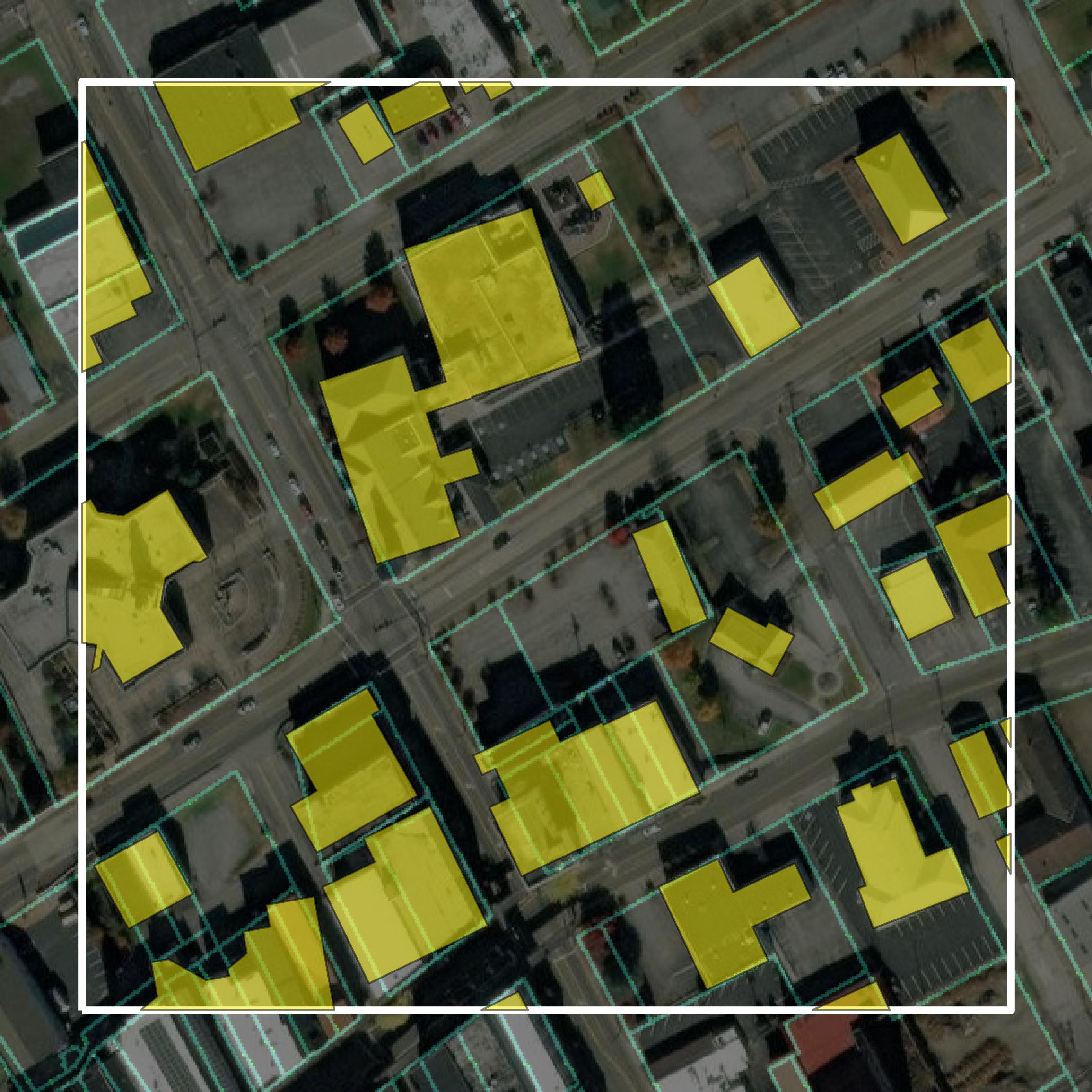 This image shows parcel and building data in Hamblen County created using GIS data in Equator.