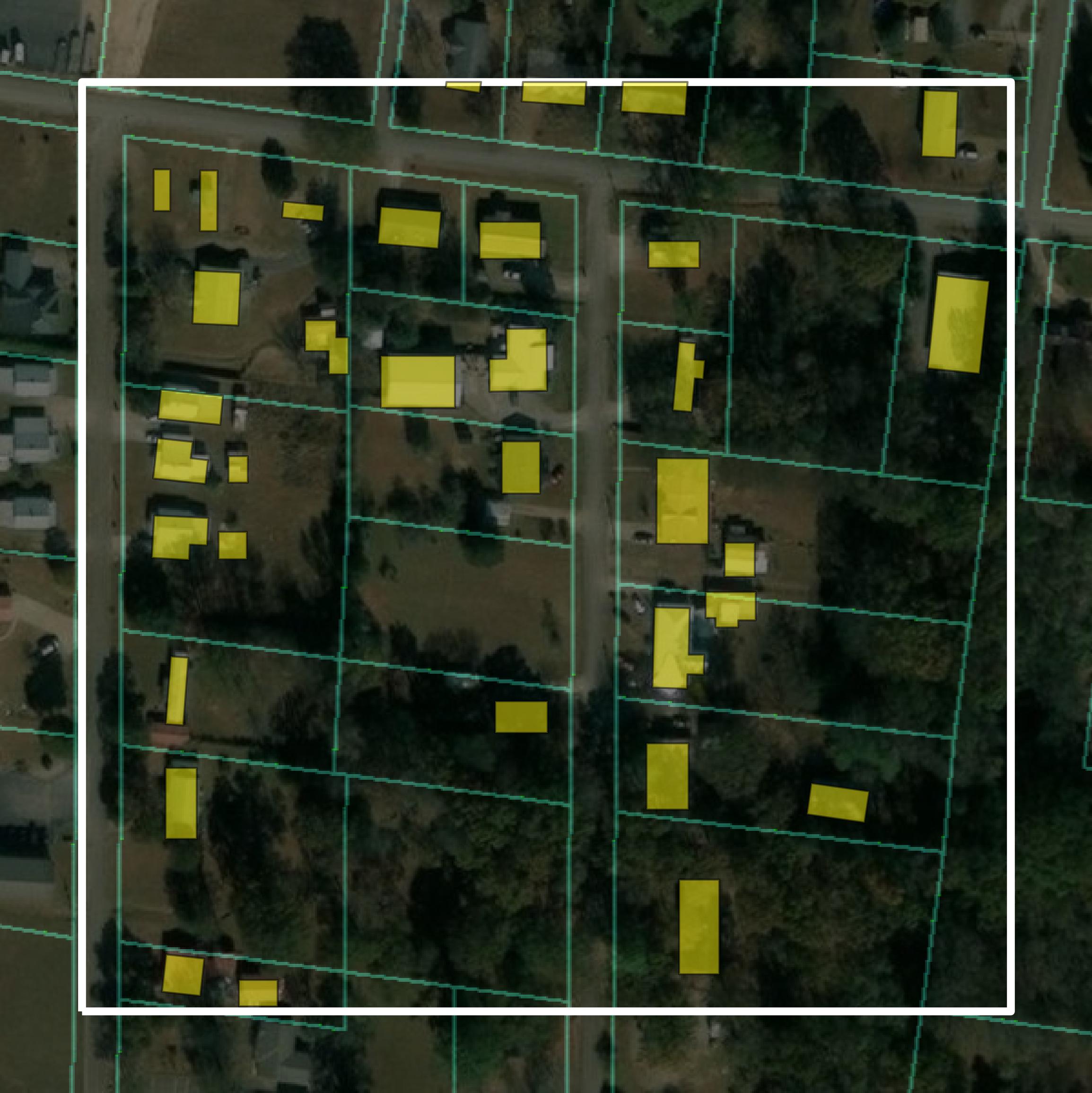 This image shows parcel and building data in Hardin County created using GIS data in Equator.