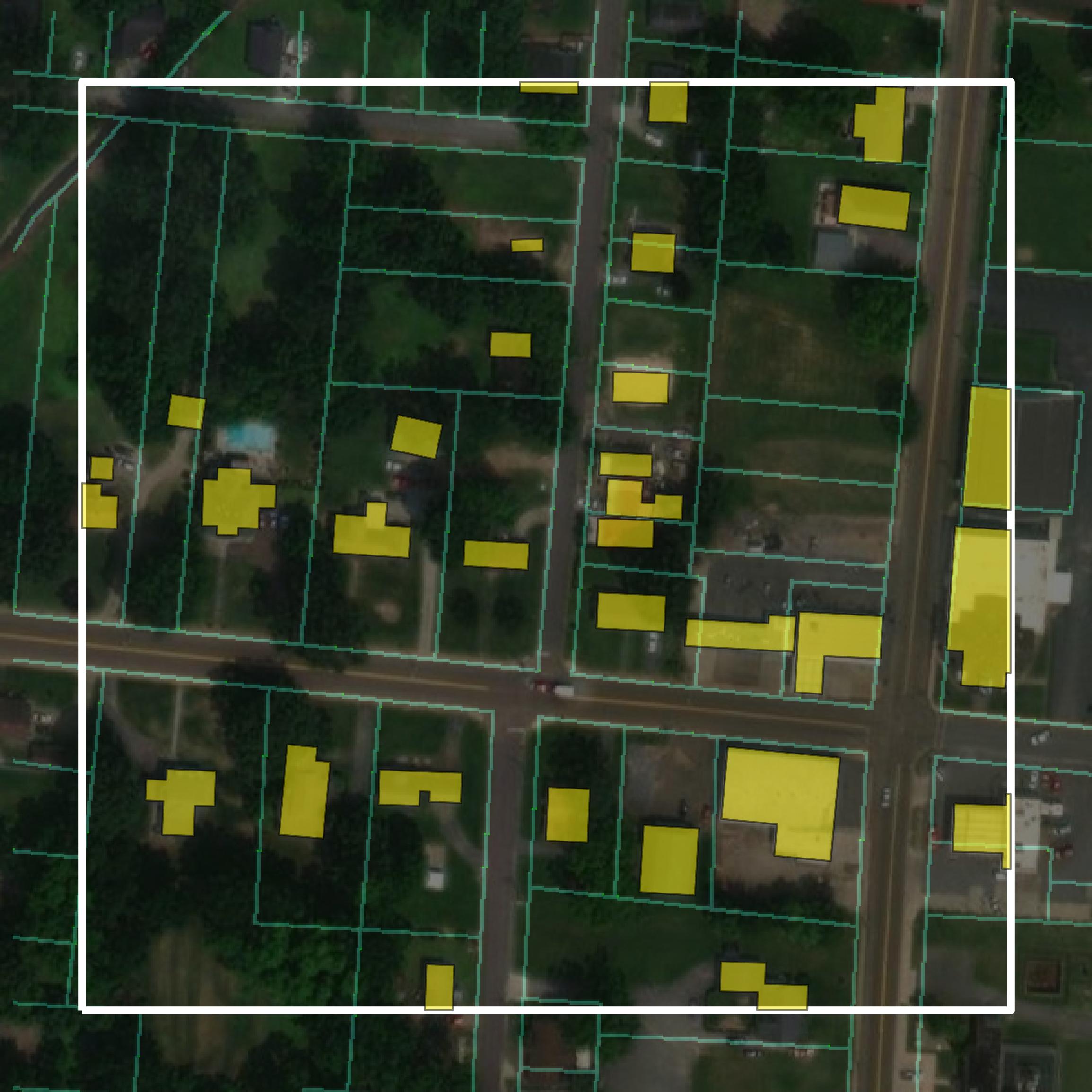 This image shows parcel and building data in Lauderdale County created using GIS data in Equator.