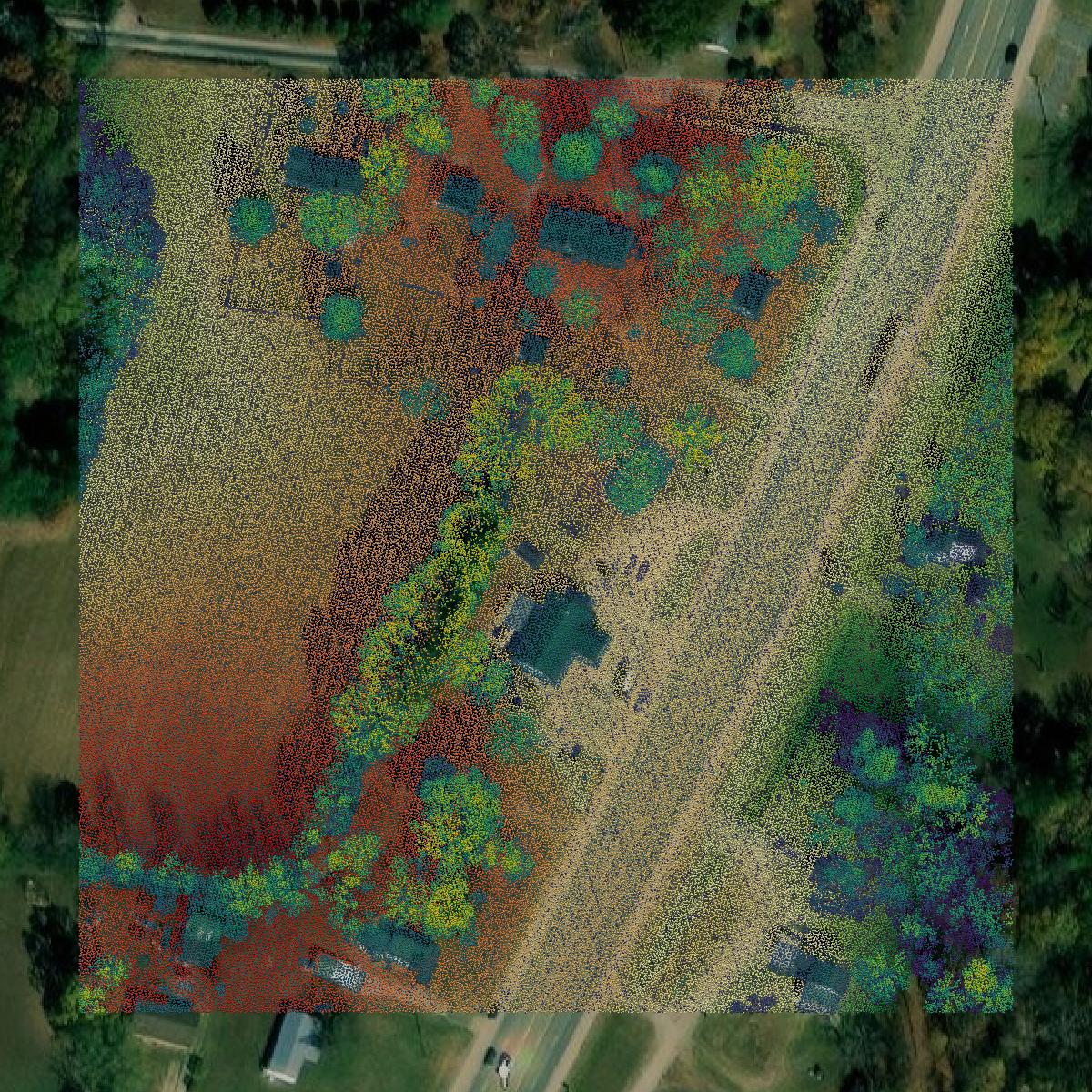 This image shows a LiDAR point cloud in Lawrence County created using GIS data in Equator.