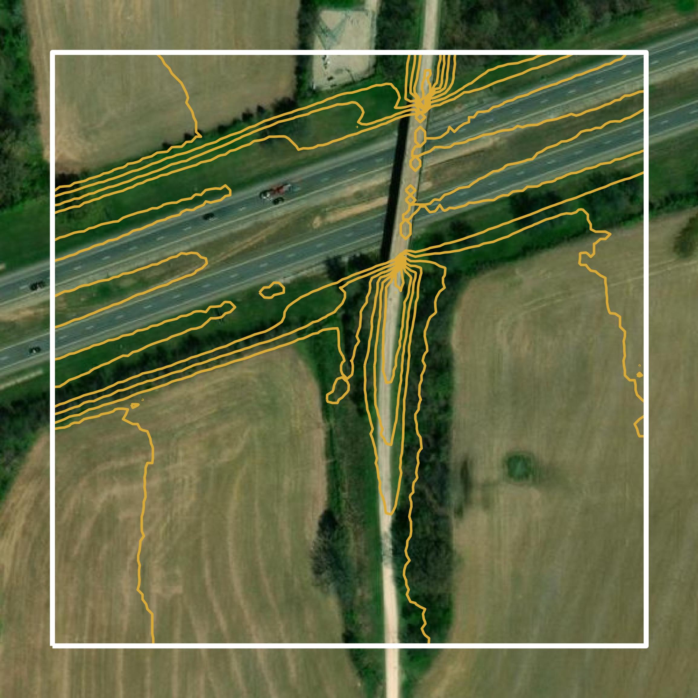 This image shows a contour map in Madison County created using GIS data in Equator.
