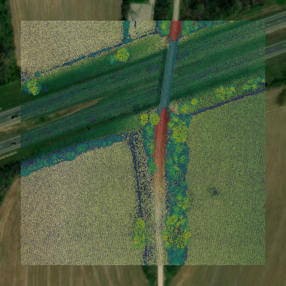 This image shows a LiDAR point cloud in Madison County created using GIS data in Equator.