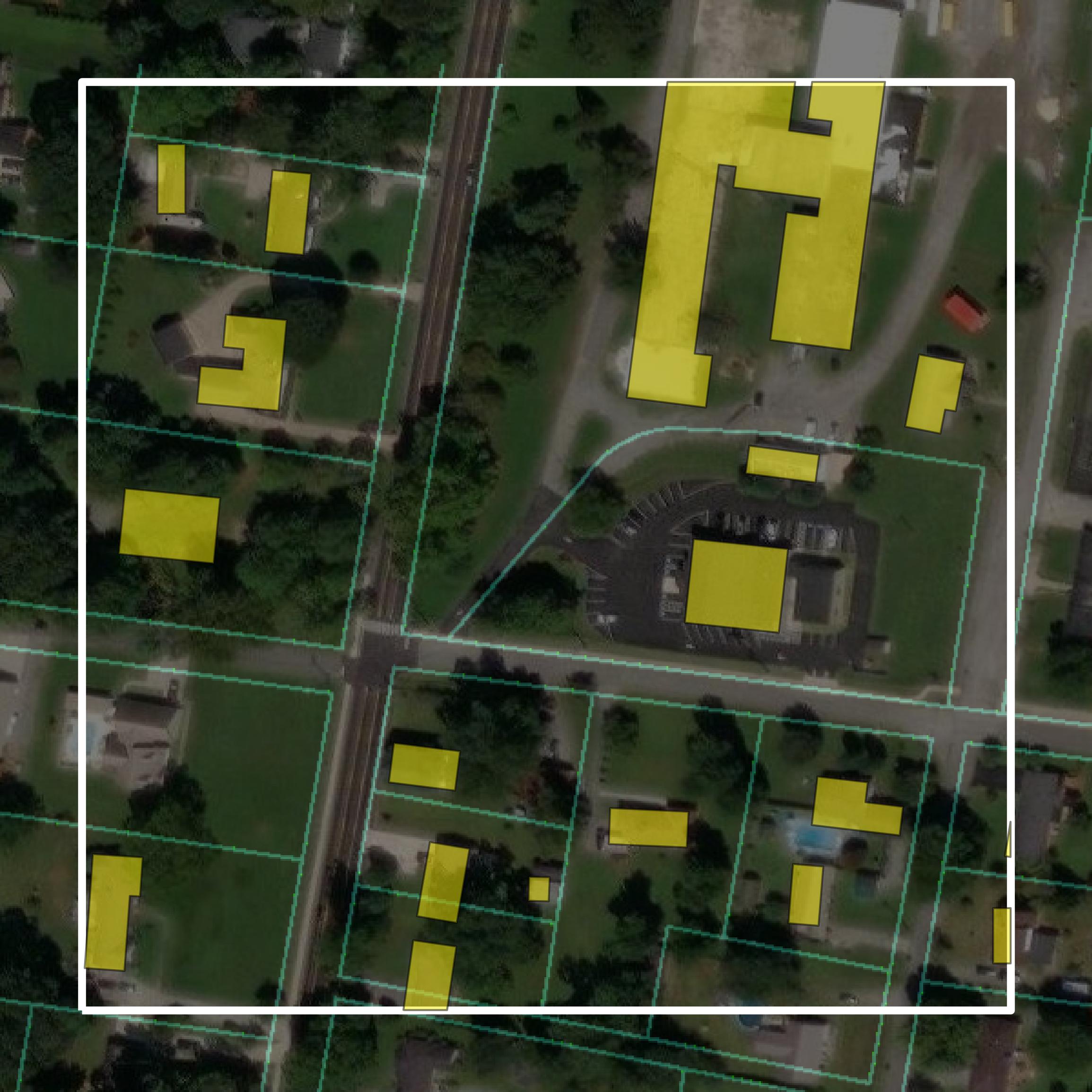 This image shows parcel and building data in Marion County created using GIS data in Equator.