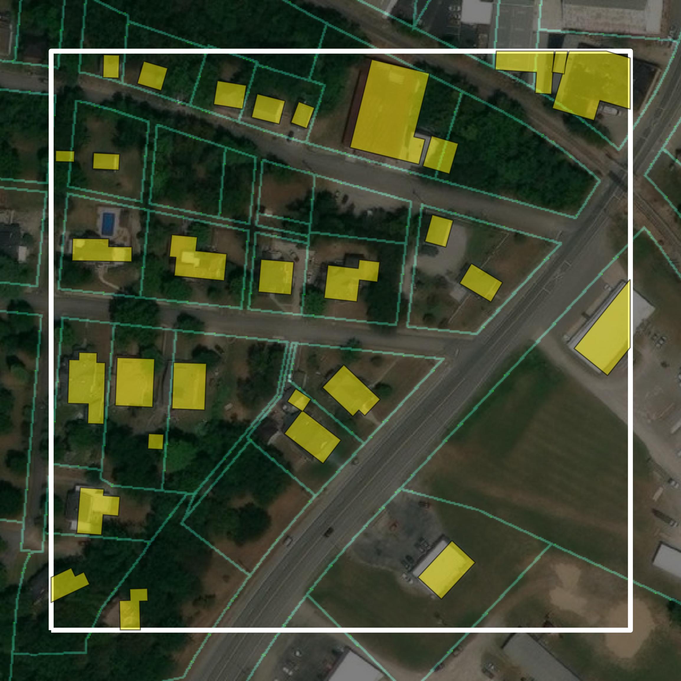 This image shows parcel and building data in Marshall County created using GIS data in Equator.