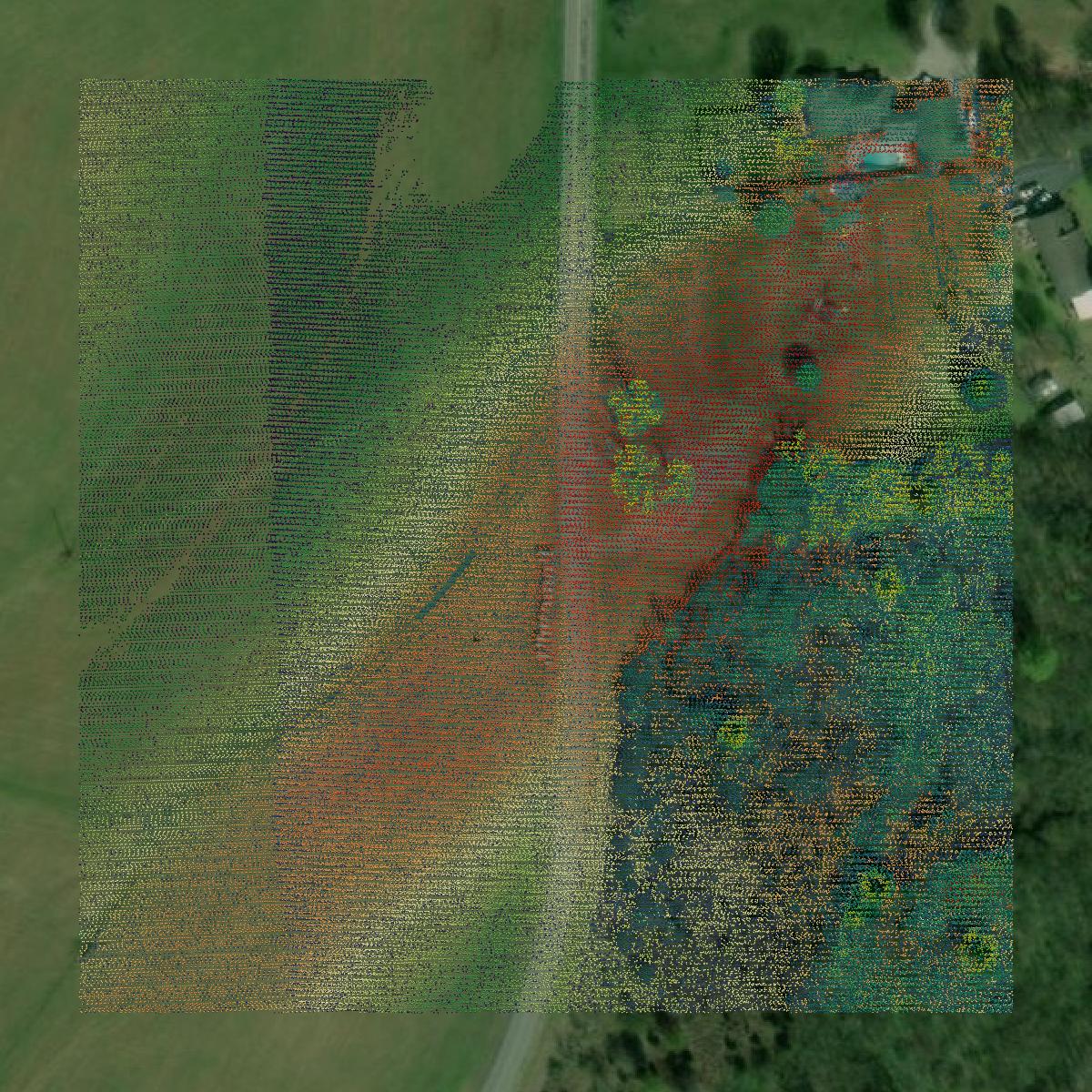 This image shows a LiDAR point cloud in McMinn County created using GIS data in Equator.