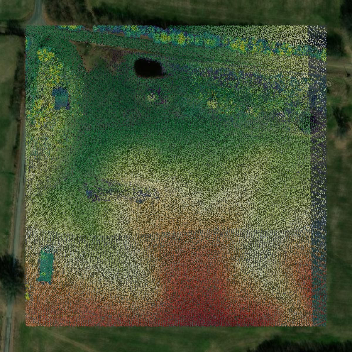 This image shows a LiDAR point cloud in Obion County created using GIS data in Equator.