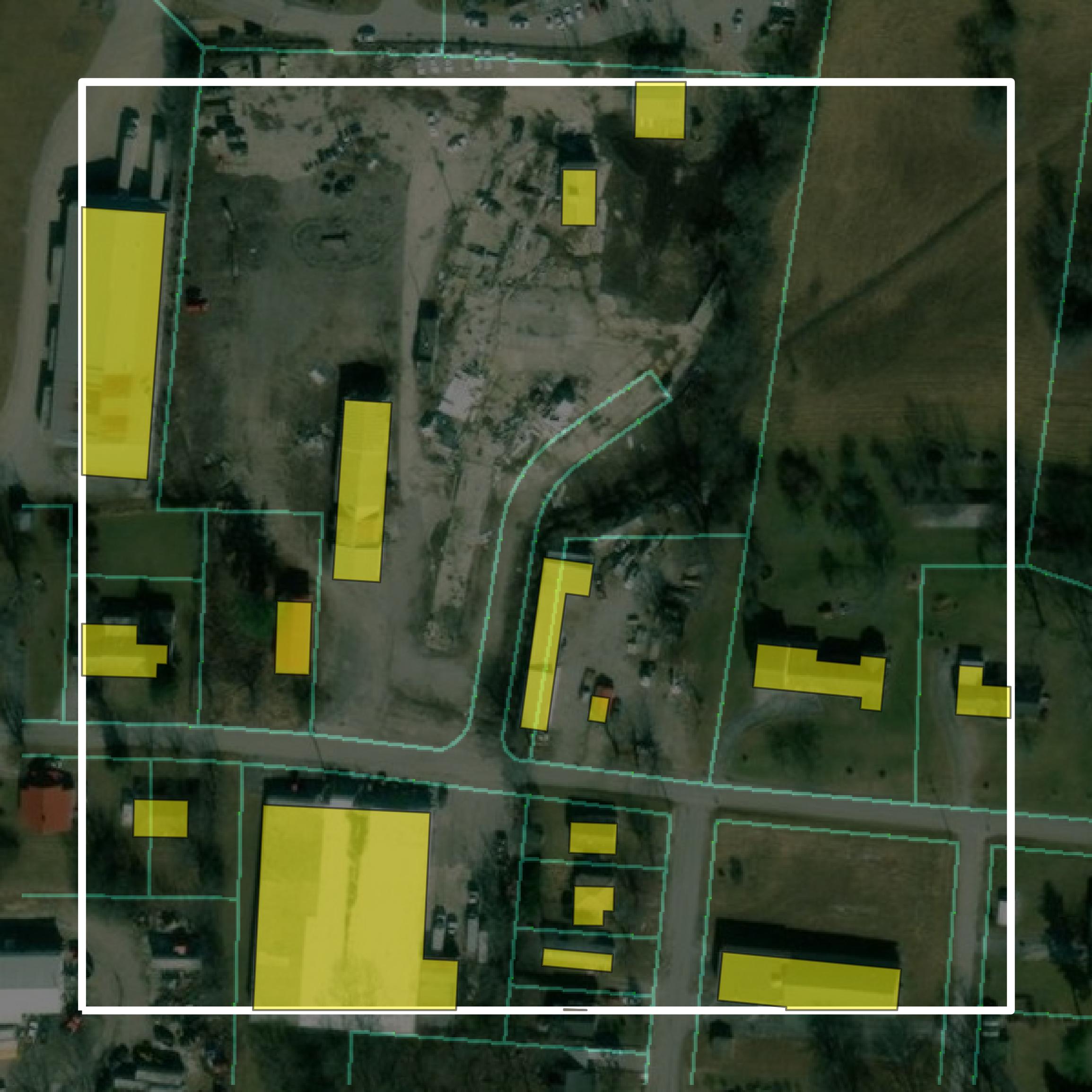 This image shows parcel and building data in Overton County created using GIS data in Equator.