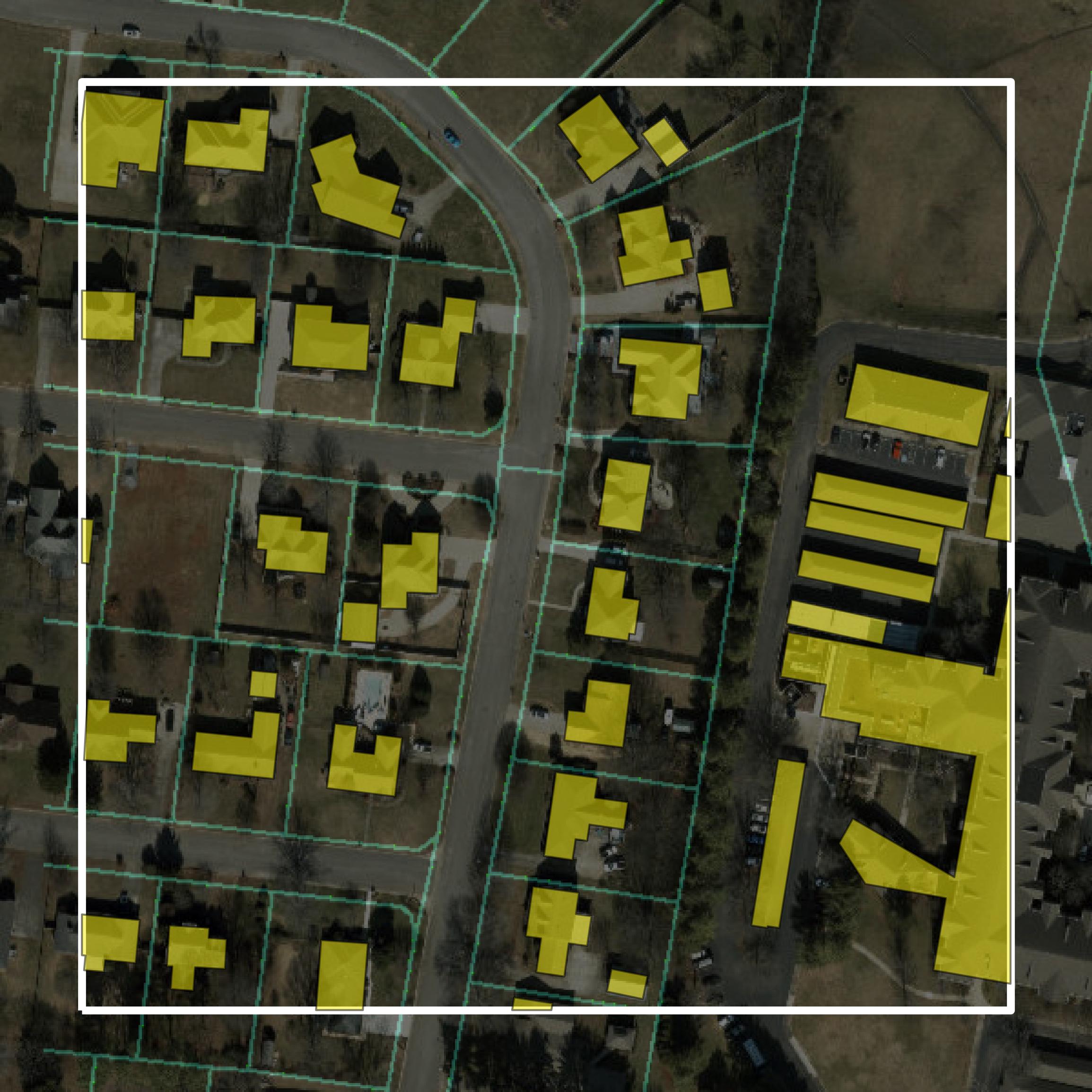 This image shows parcel and building data in Rutherford County created using GIS data in Equator.