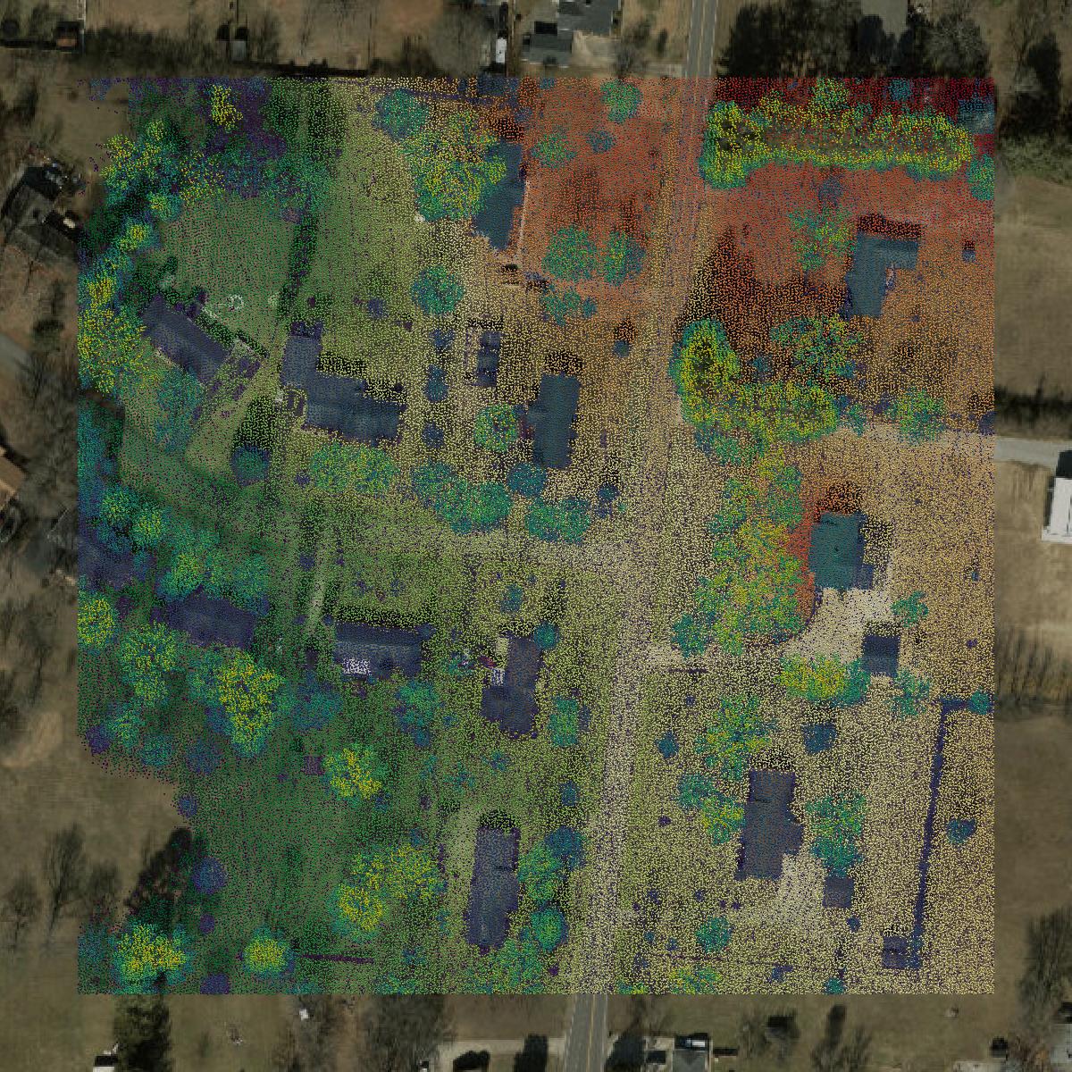This image shows a LiDAR point cloud in Rutherford County created using GIS data in Equator.