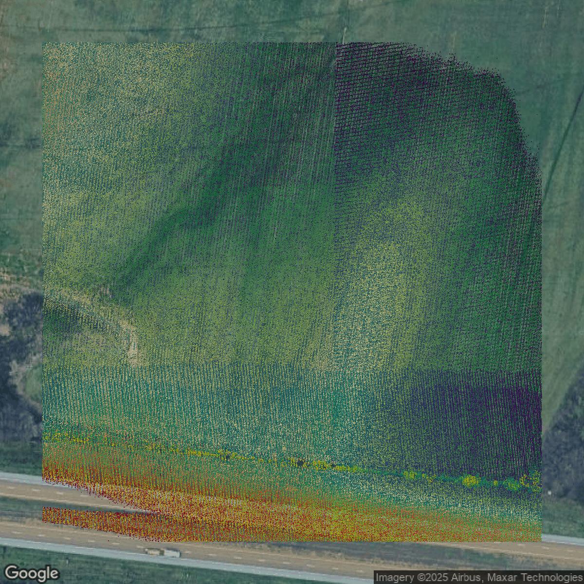 This image shows a LiDAR point cloud in Shelby County created using GIS data in Equator.