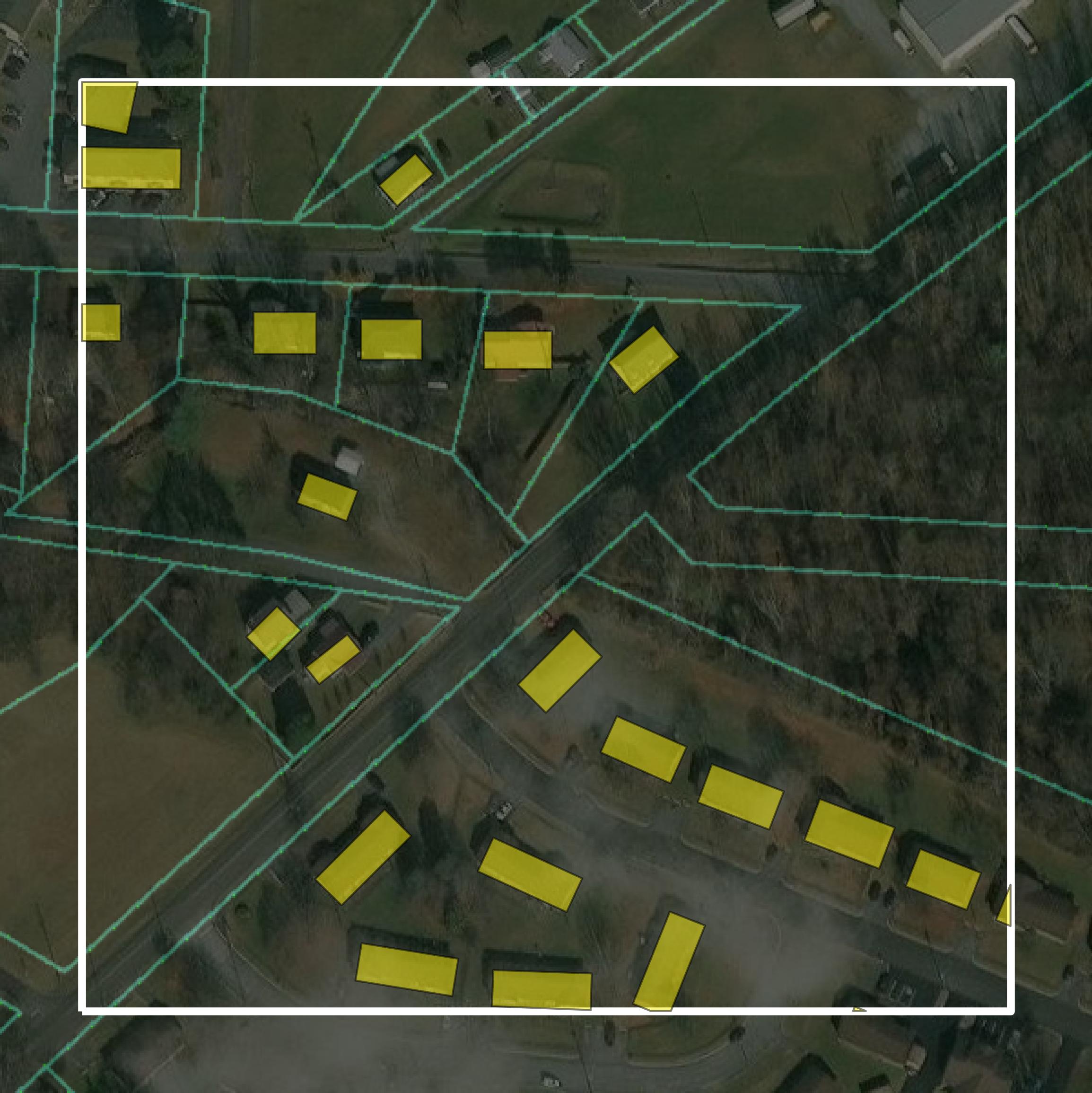 This image shows parcel and building data in Unicoi County created using GIS data in Equator.