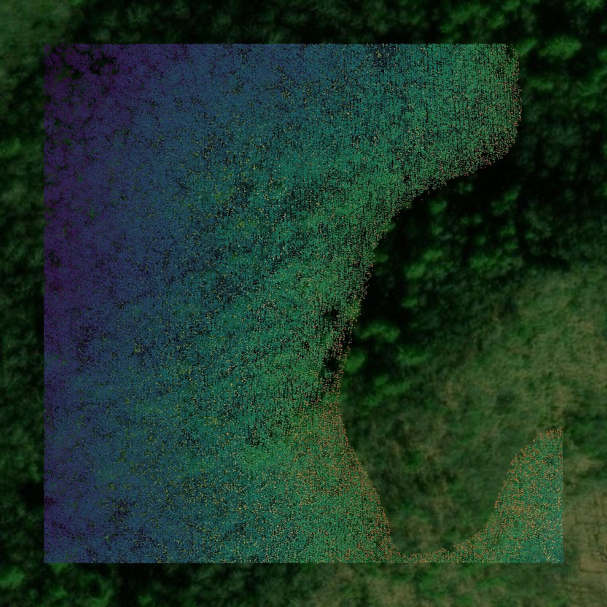 This image shows a LiDAR point cloud in Unicoi County created using GIS data in Equator.