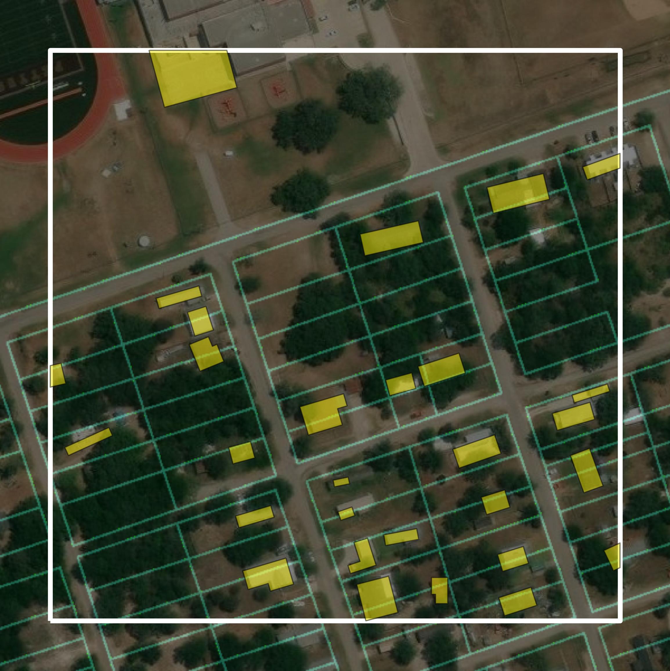 This image shows parcel and building data in Bee County created using GIS data in Equator.