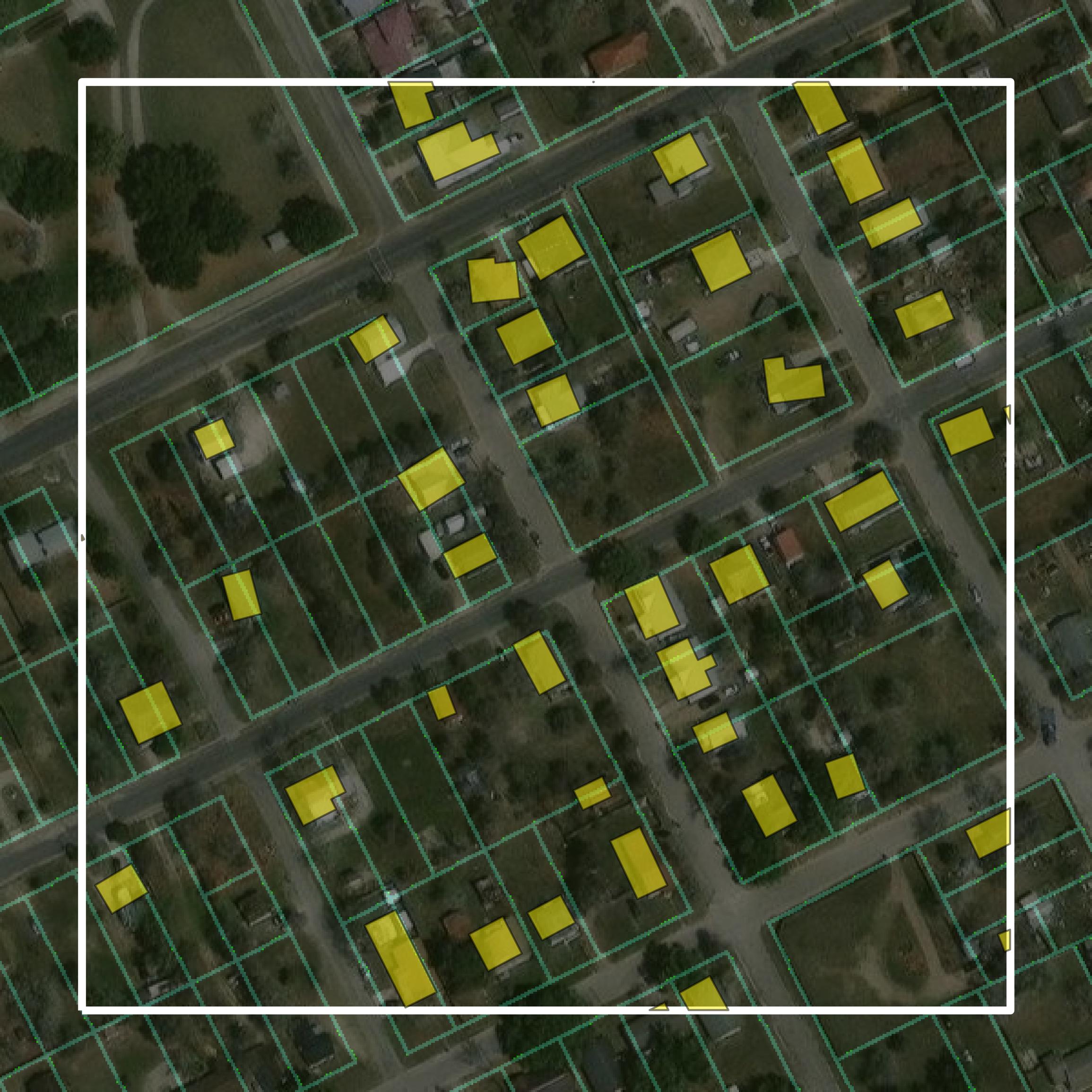 This image shows parcel and building data in Bee County created using GIS data in Equator.