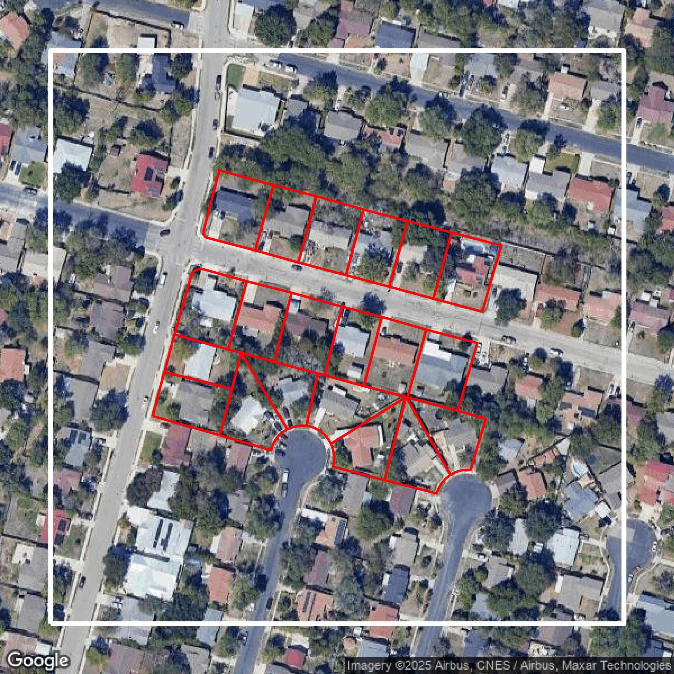 This image shows parcel and building data in Bexar County created using GIS data in Equator.