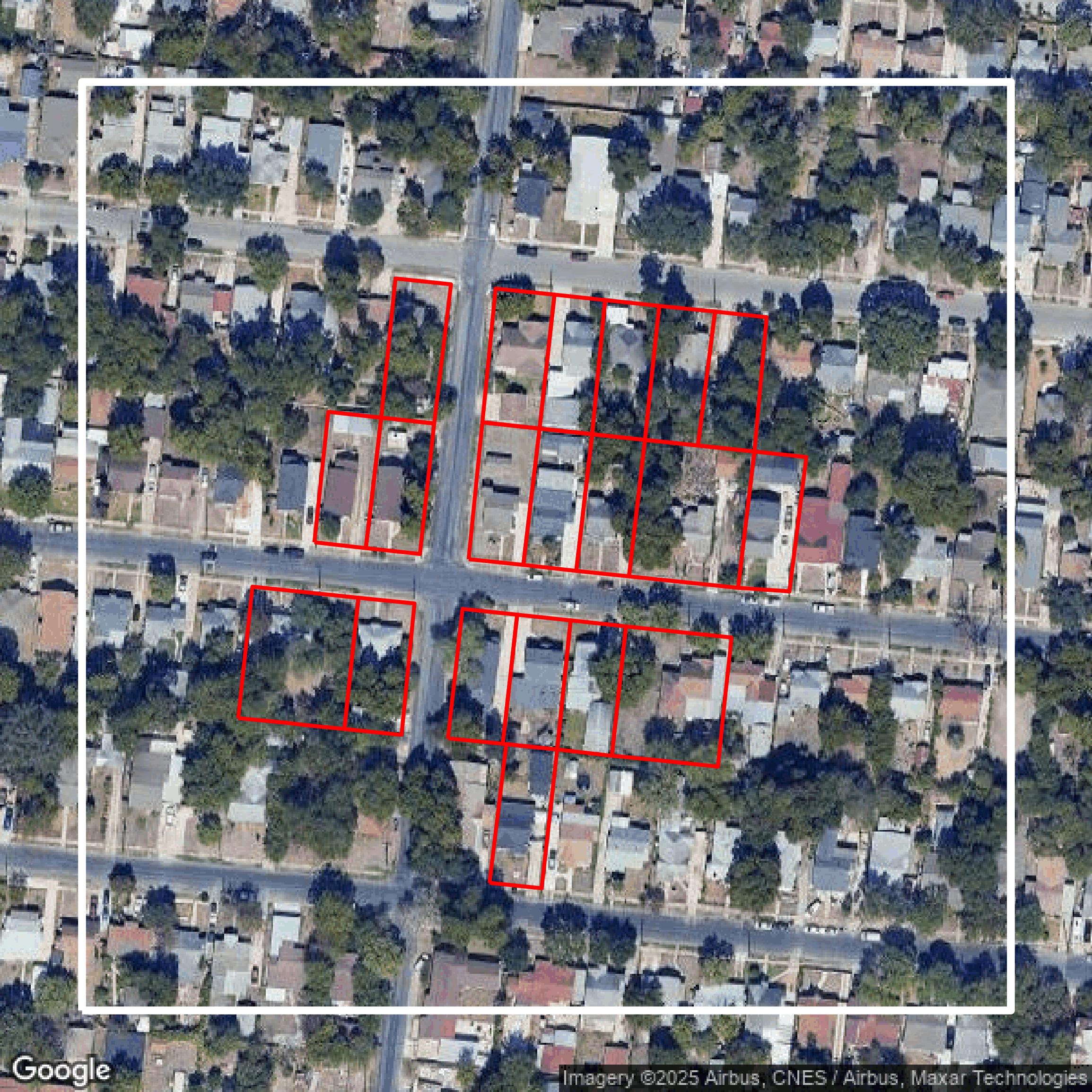 This image shows parcel and building data in Bexar County created using GIS data in Equator.