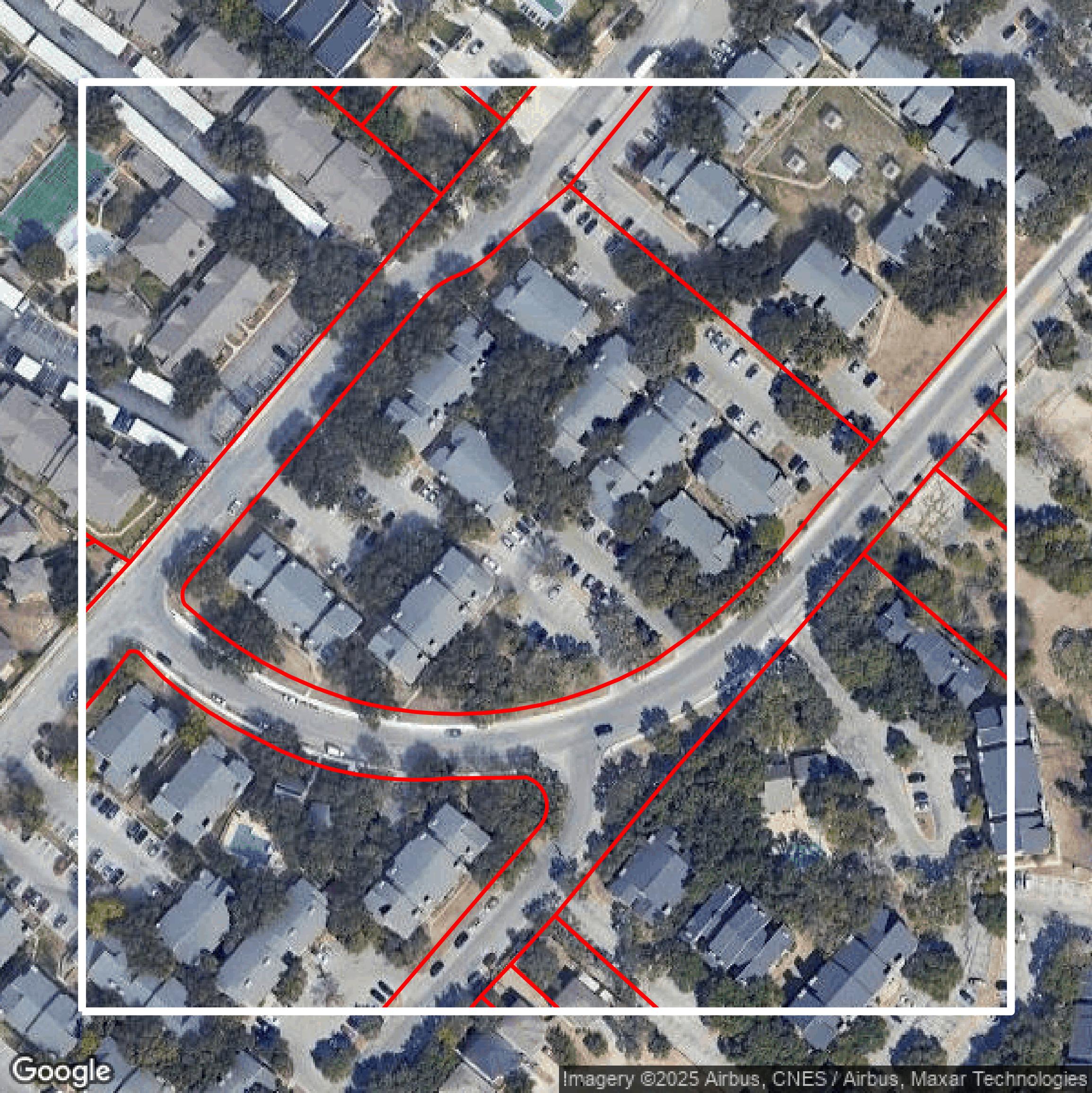 This image shows parcel and building data in Bexar County created using GIS data in Equator.