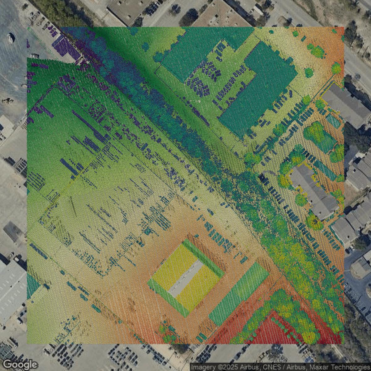 This image shows a LiDAR point cloud in Bexar County created using GIS data in Equator.