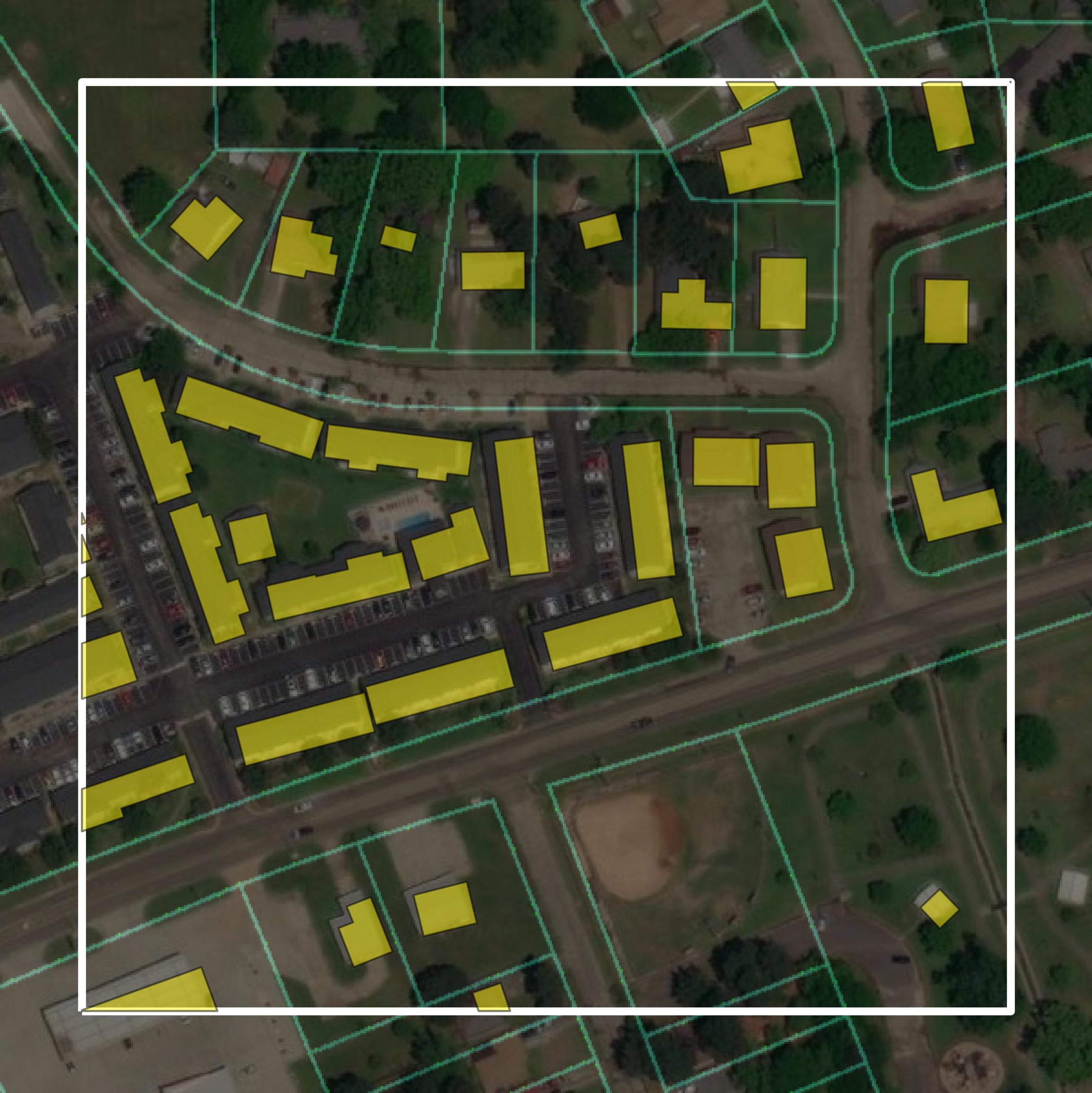 This image shows parcel and building data in Bowie County created using GIS data in Equator.