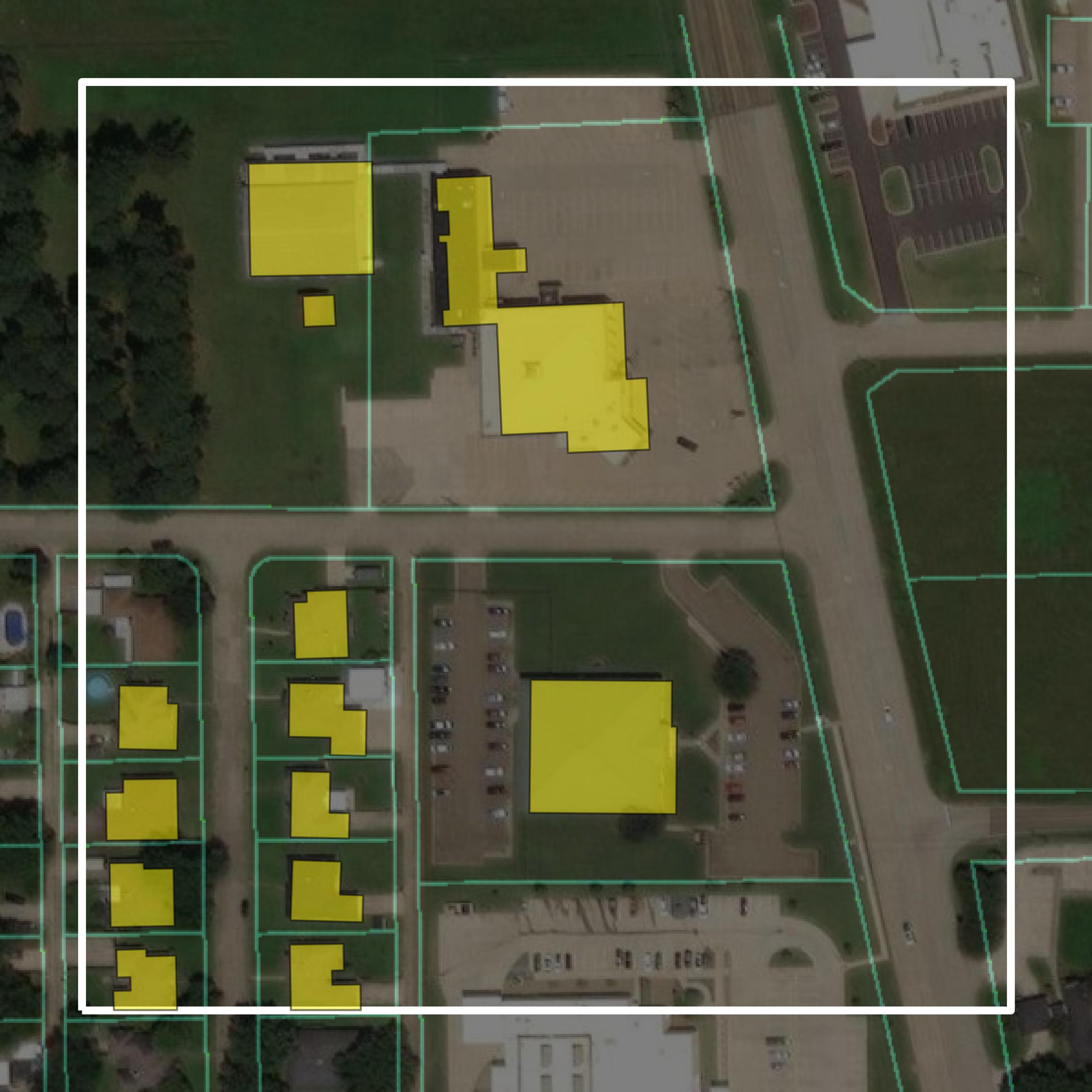 This image shows parcel and building data in Bowie County created using GIS data in Equator.
