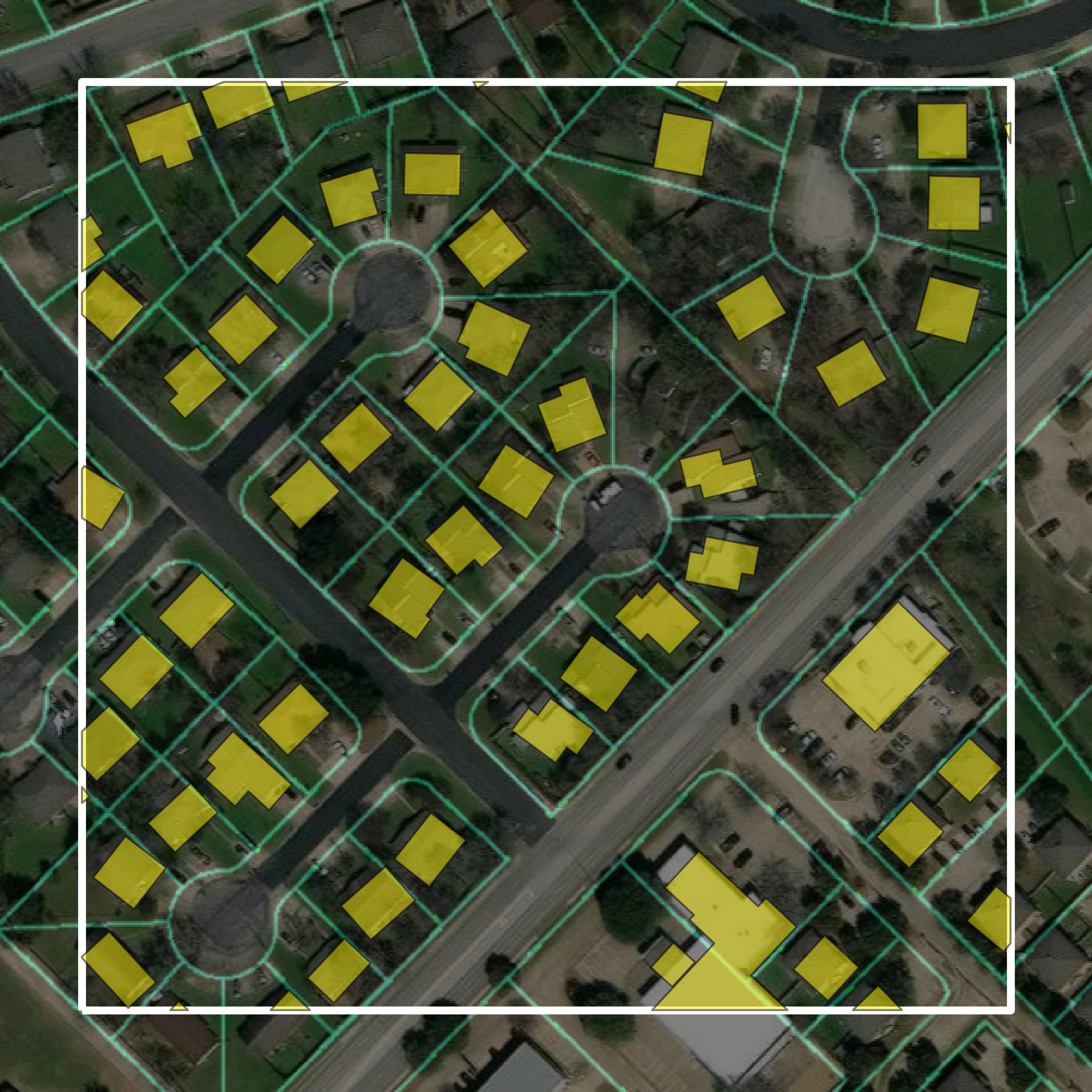 This image shows parcel and building data in Brazos County created using GIS data in Equator.